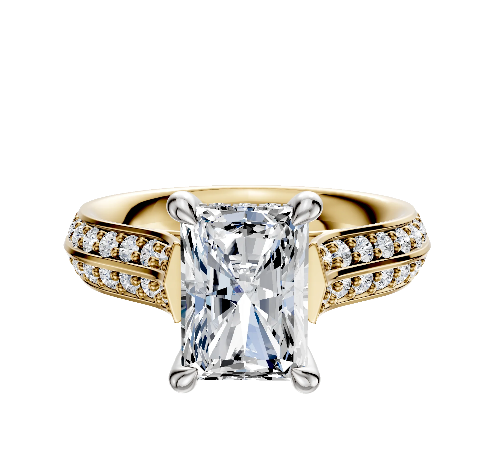 18K Two Tone 4 Prong Hidden Halo Cathedral Knife Edge 1-Row-Pave 2.5mm Engagement Ring