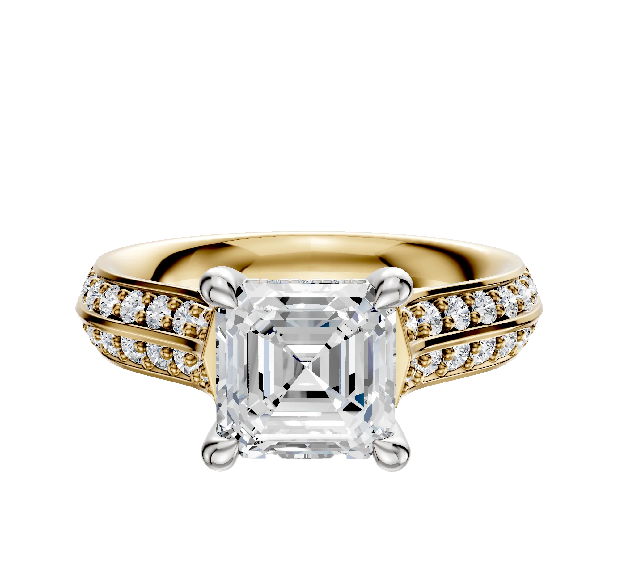 18K Two Tone 4 Prong Hidden Halo Cathedral Knife Edge 1-Row-Pave 2.5mm Engagement Ring