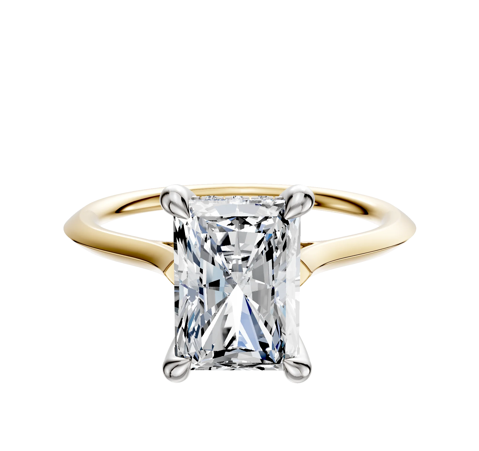 18K Two Tone 4 Prong Hidden Halo Cathedral Knife Edge 1.5mm Engagement Ring