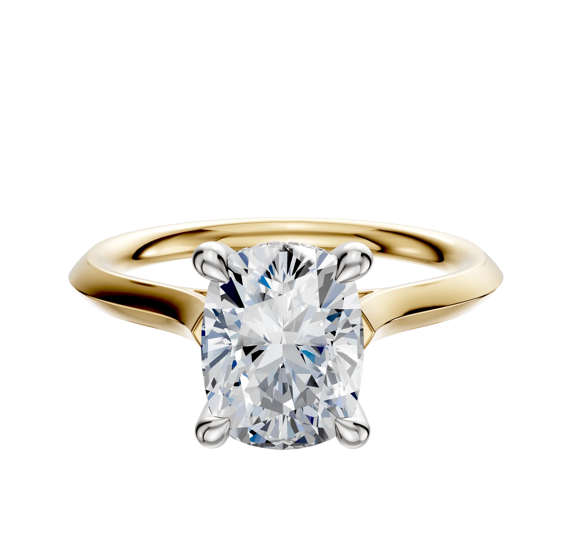 18K Two Tone 4 Prong Hidden Halo Cathedral Knife Edge 2.0mm Engagement Ring