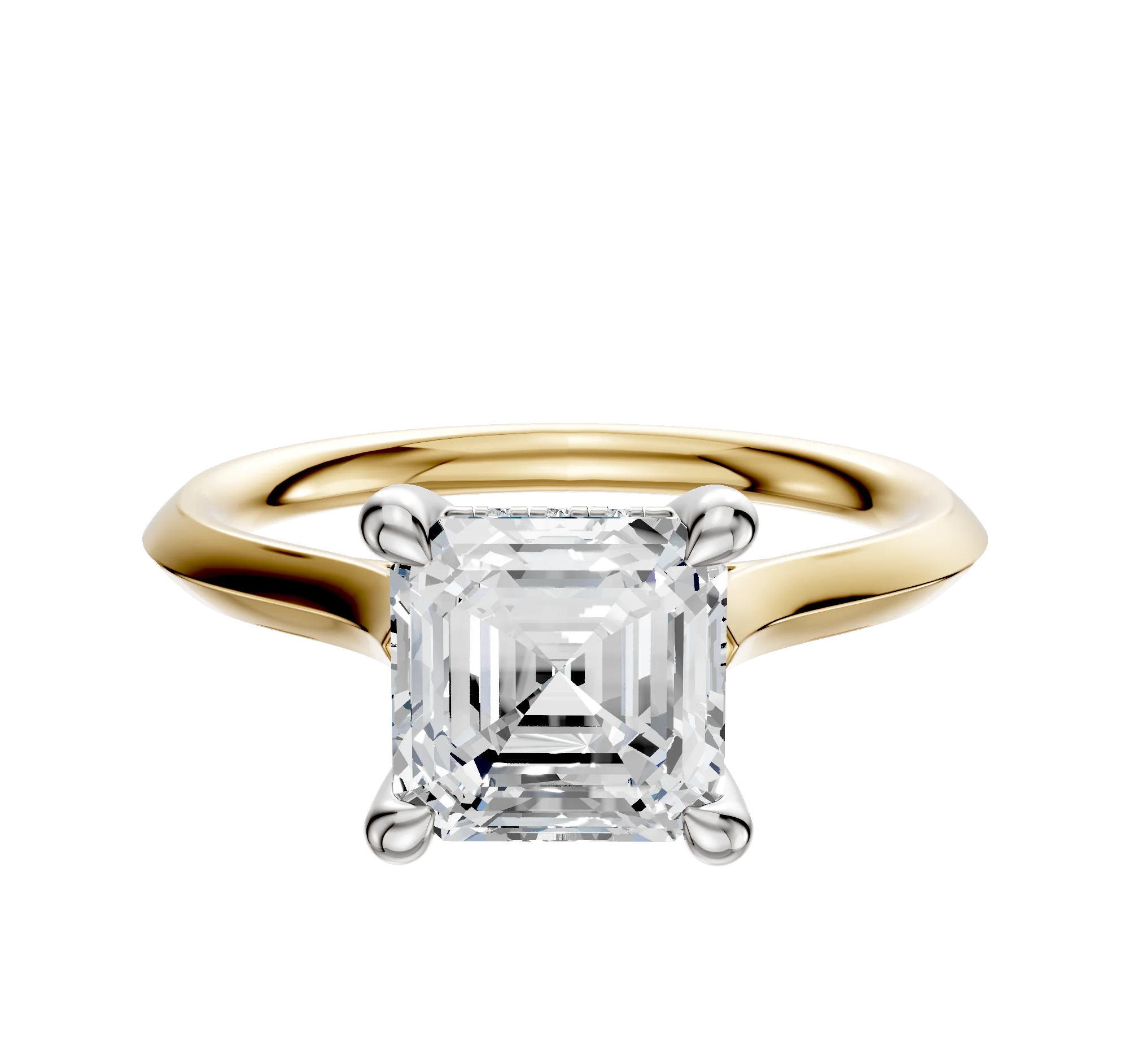 18K Two Tone 4 Prong Hidden Halo Cathedral Knife Edge 2.0mm Engagement Ring