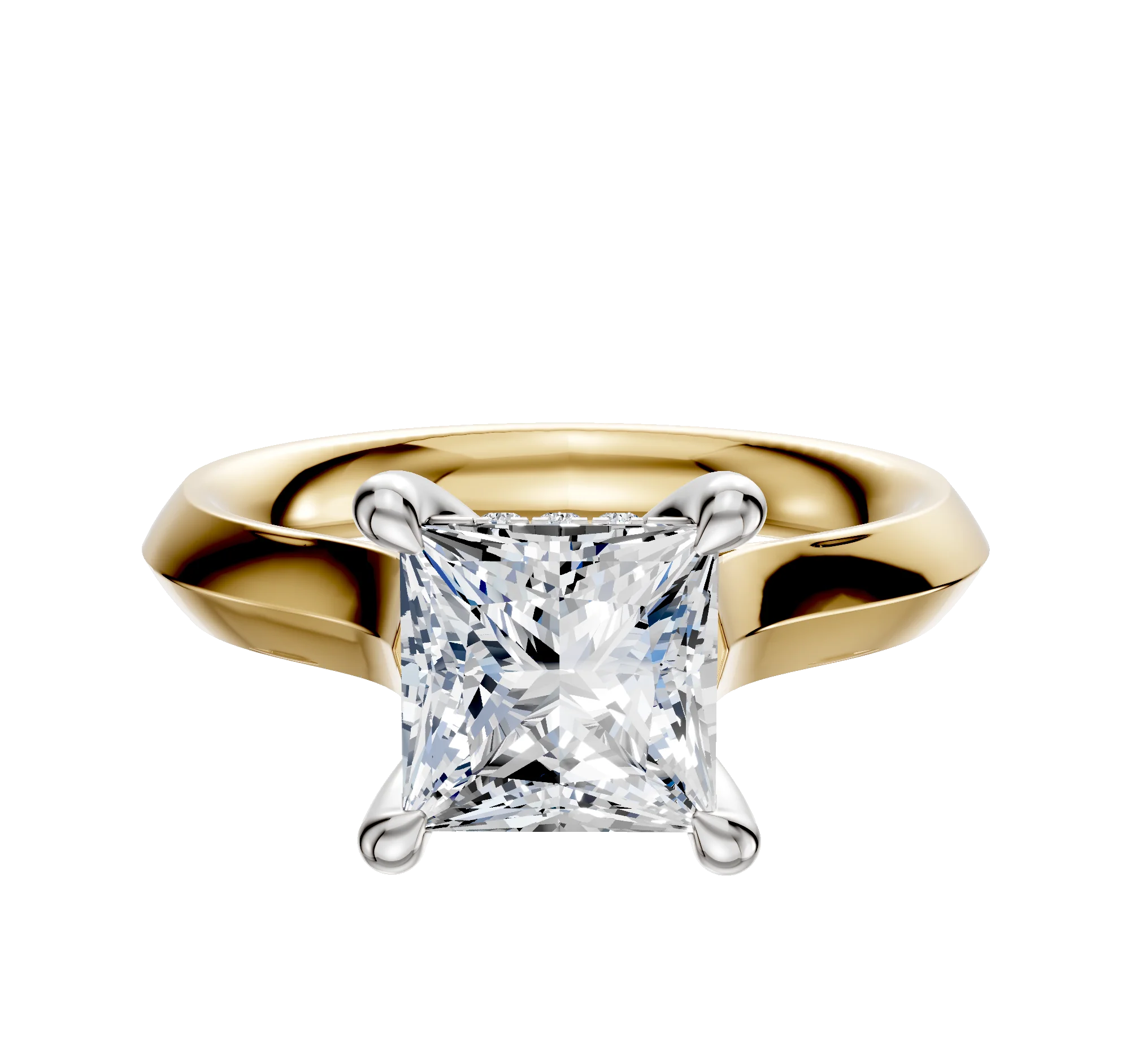 18K Two Tone 4 Prong Hidden Halo Cathedral Knife Edge 3.0mm Engagement Ring