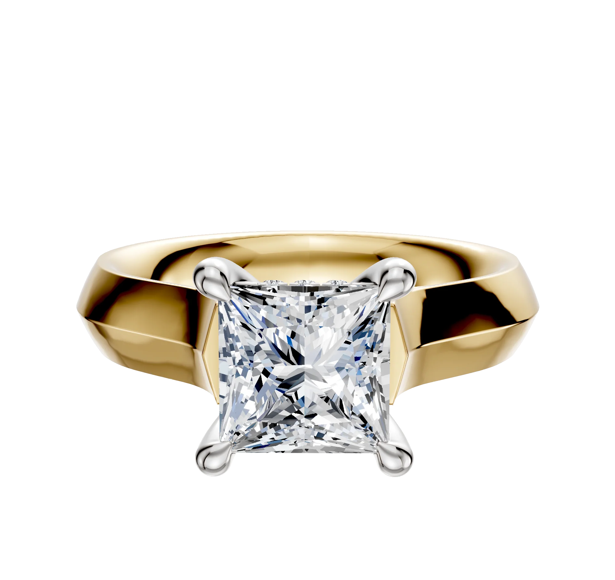 18K Two Tone 4 Prong Hidden Halo Cathedral Knife Edge 4.0mm Engagement Ring