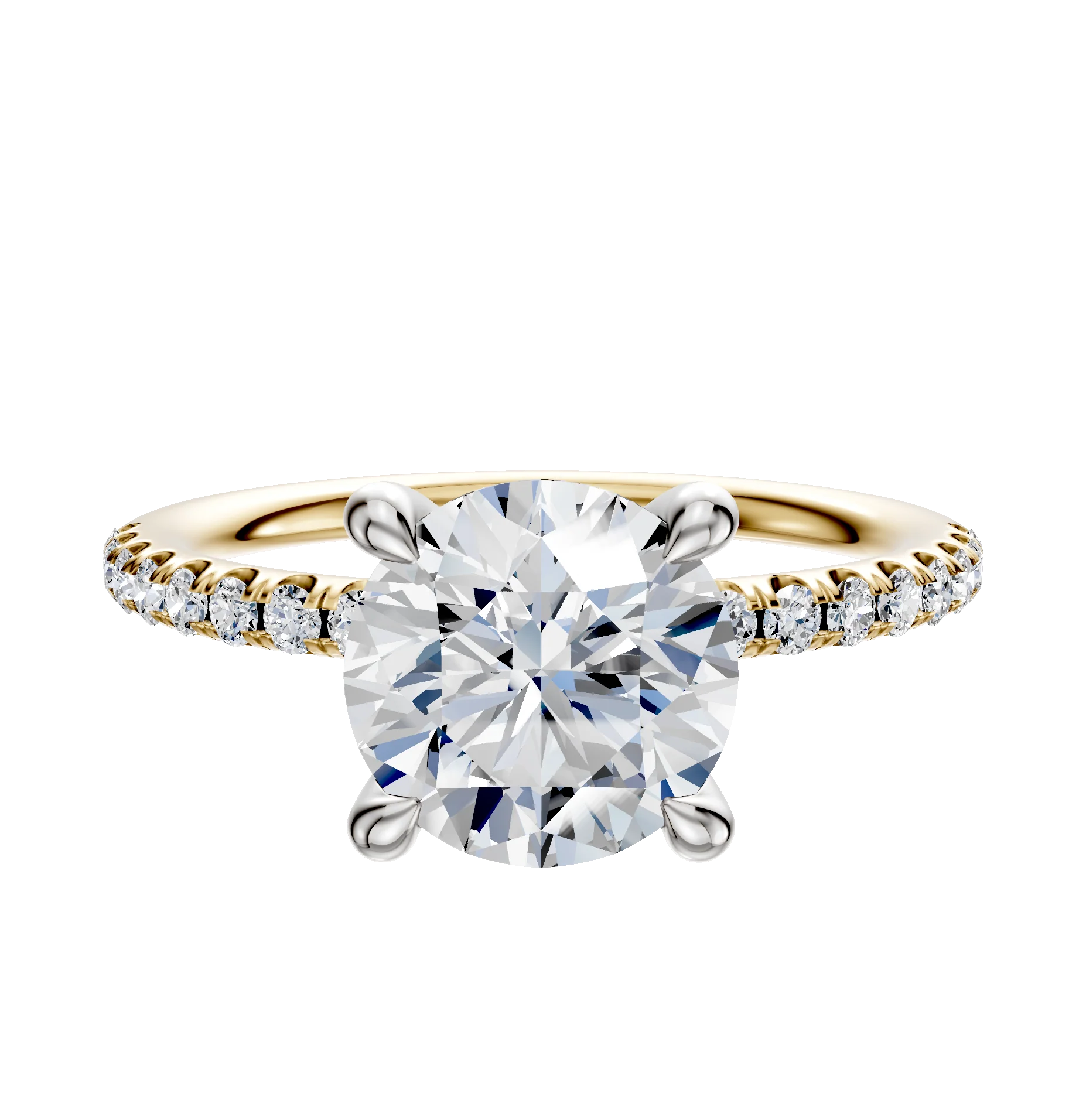 18K Two Tone 4 Prong Hidden Halo Classic Dome 1-Row-Pave 2.5mm Engagement Ring