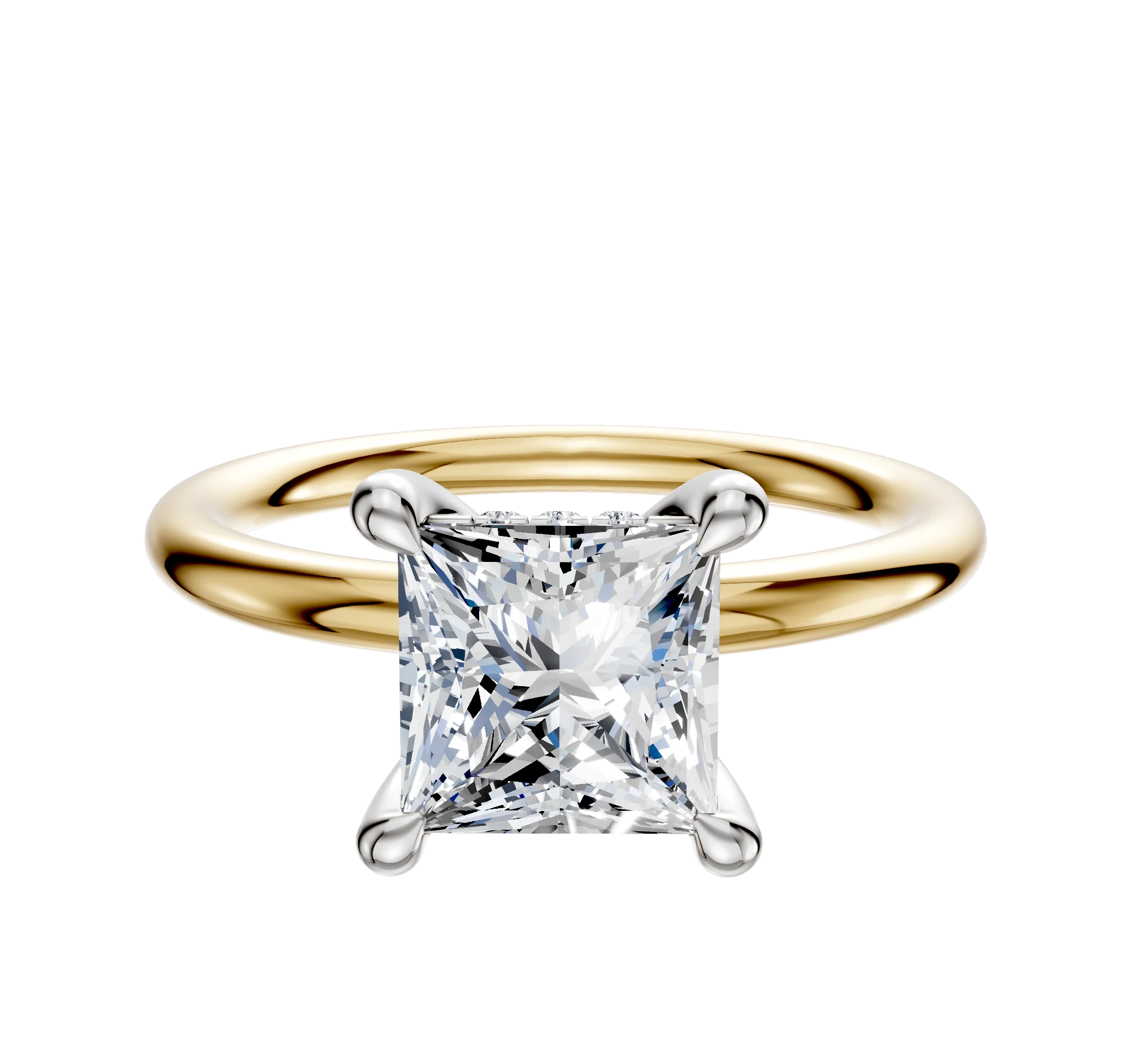 18K Two Tone 4 Prong Hidden Halo Classic Dome 2.0mm Engagement Ring