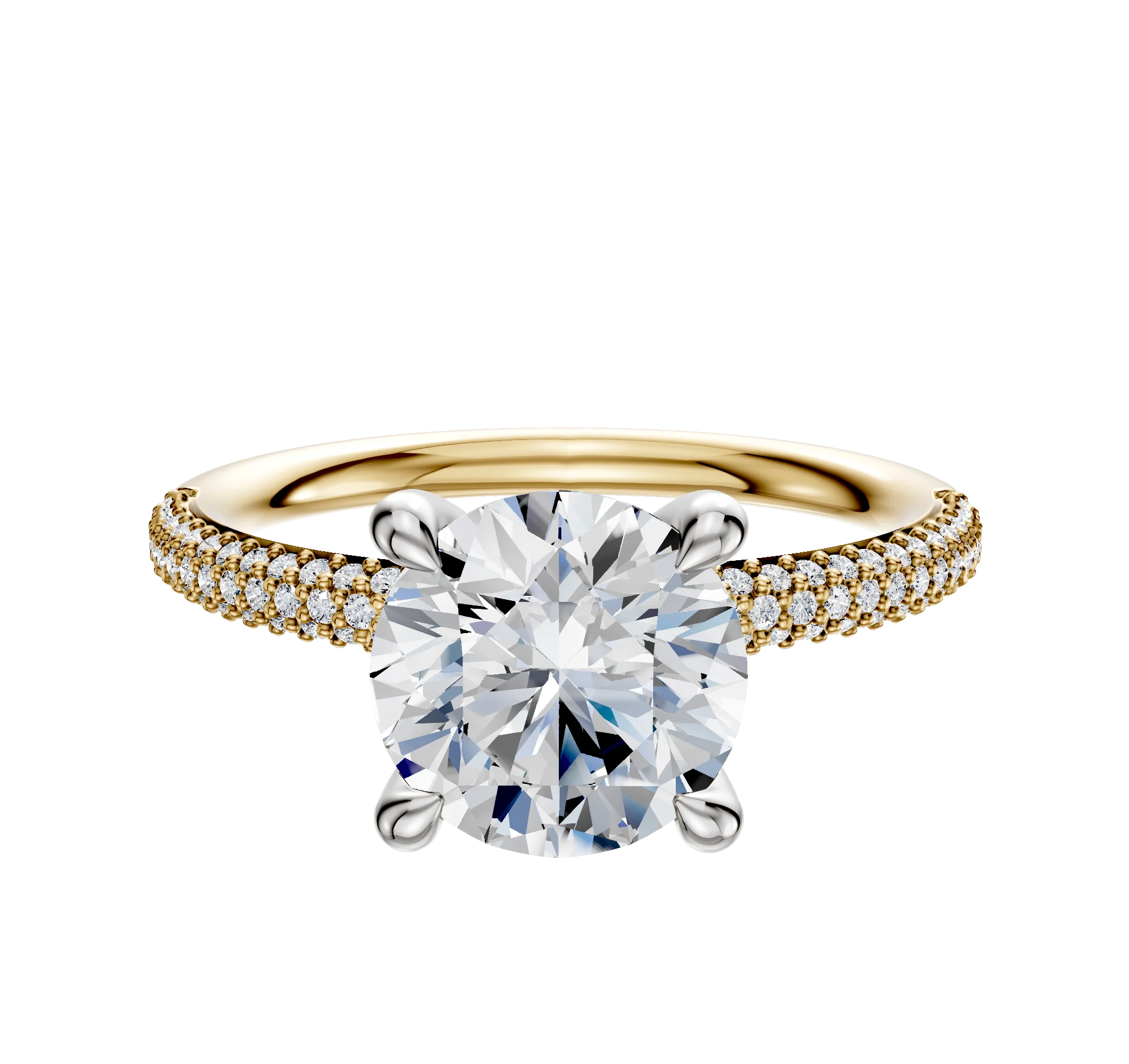 18K Two Tone 4 Prong Hidden Halo Classic Dome 3-Row-Pave 2.0mm Engagement Ring