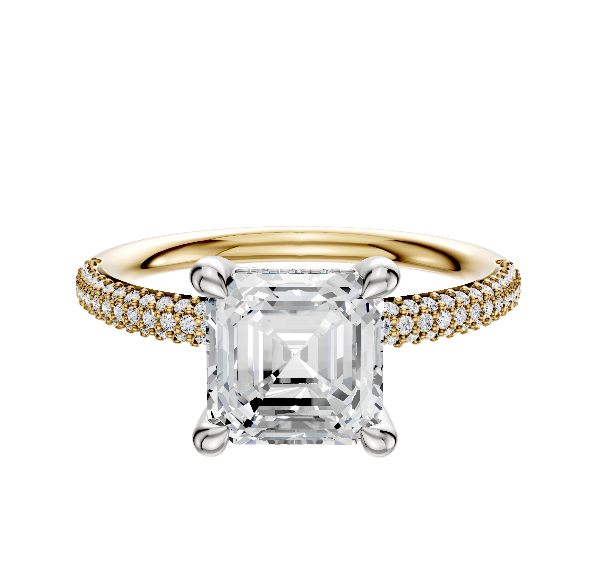 18K Two Tone 4 Prong Hidden Halo Classic Dome 3-Row-Pave 2.0mm Engagement Ring