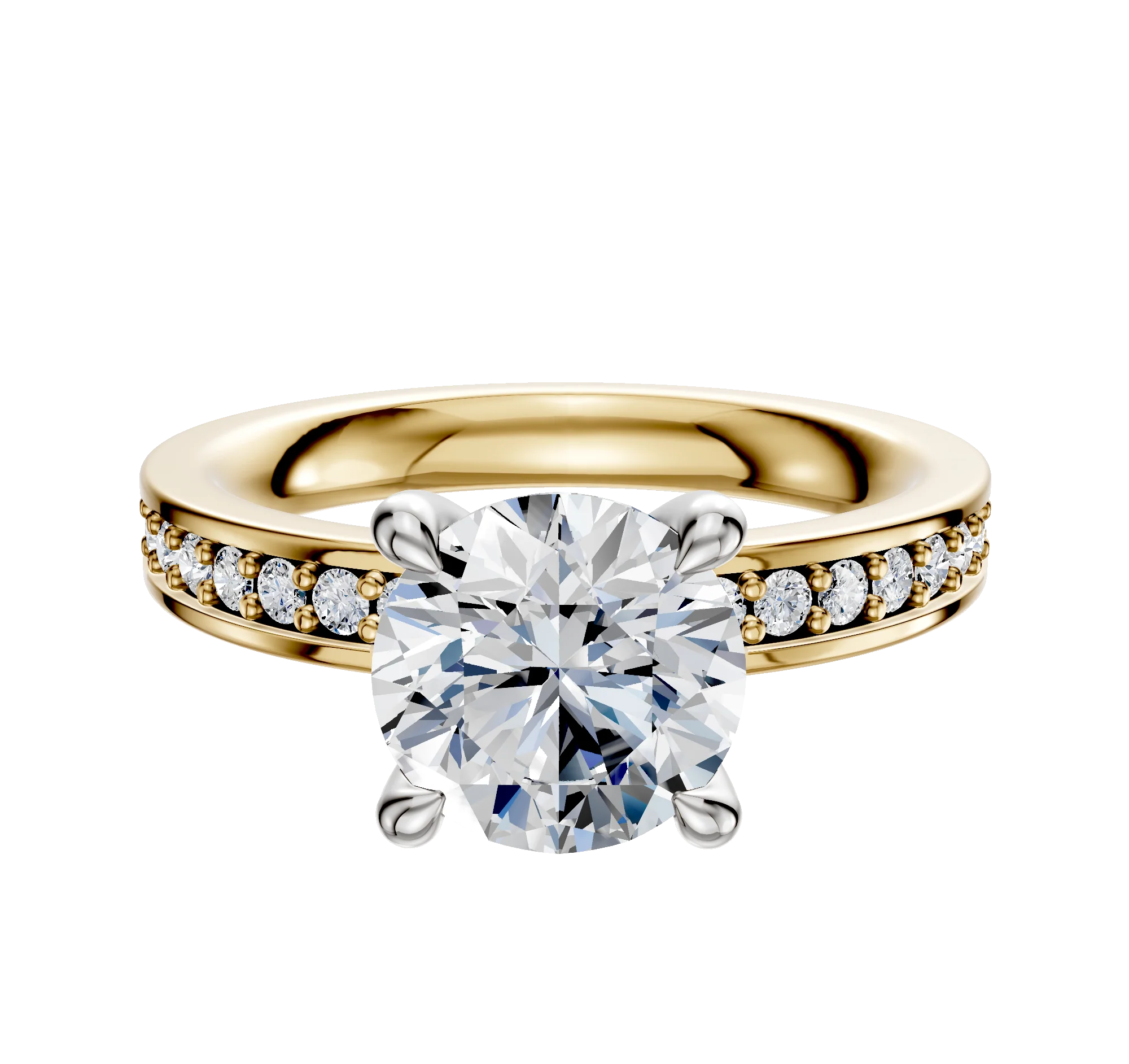 18K Two Tone 4 Prong Hidden Halo Classic Flat 1-Row-Pave 2.5mm Engagement Ring