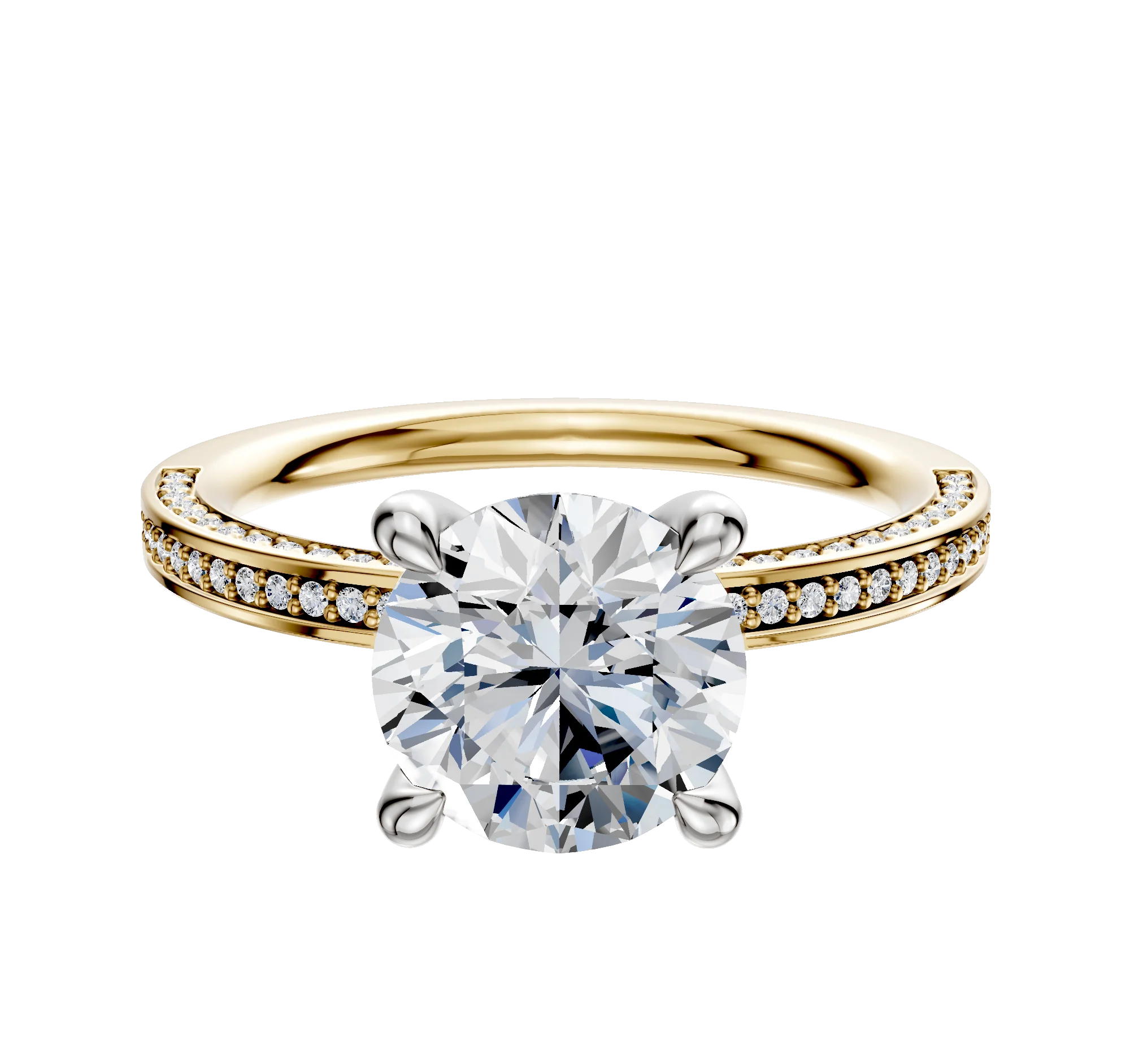 18K Two Tone 4 Prong Hidden Halo Classic Flat 3-Row-Pave 2.0mm Engagement Ring