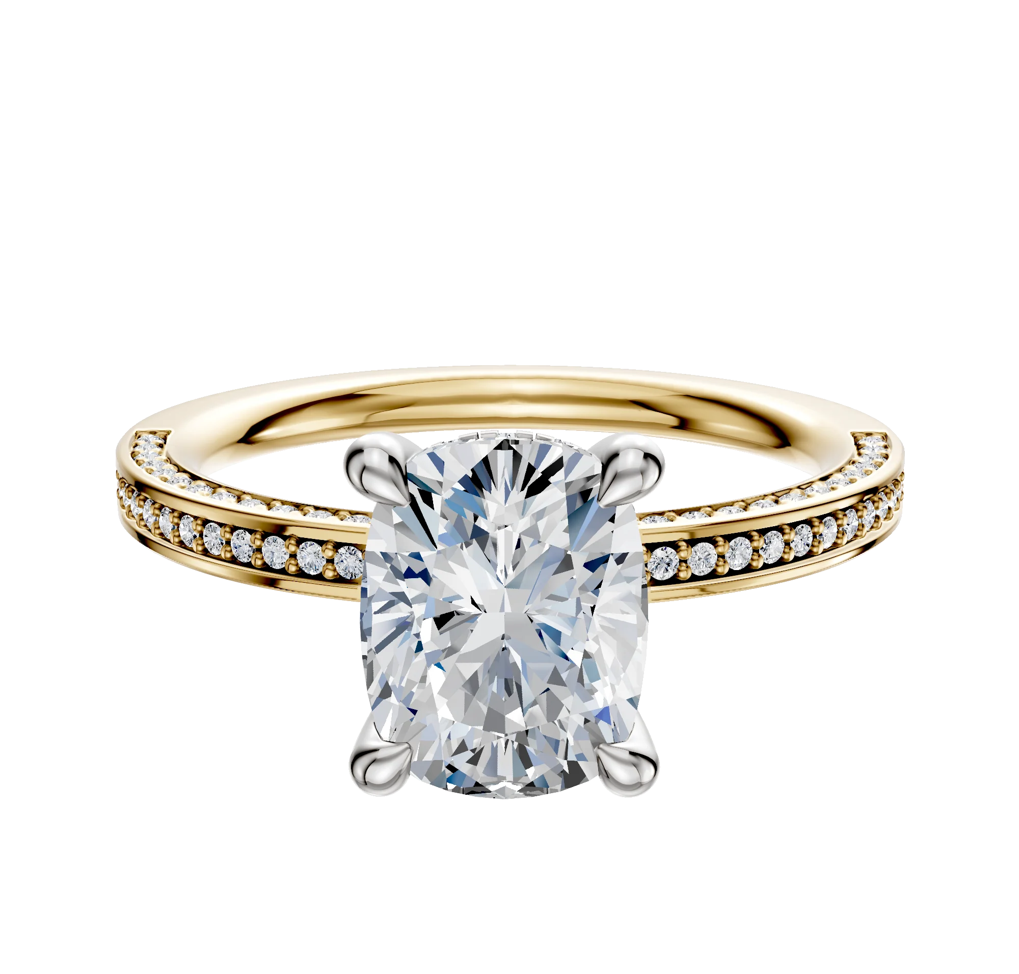 18K Two Tone 4 Prong Hidden Halo Classic Flat 3-Row-Pave 2.0mm Engagement Ring