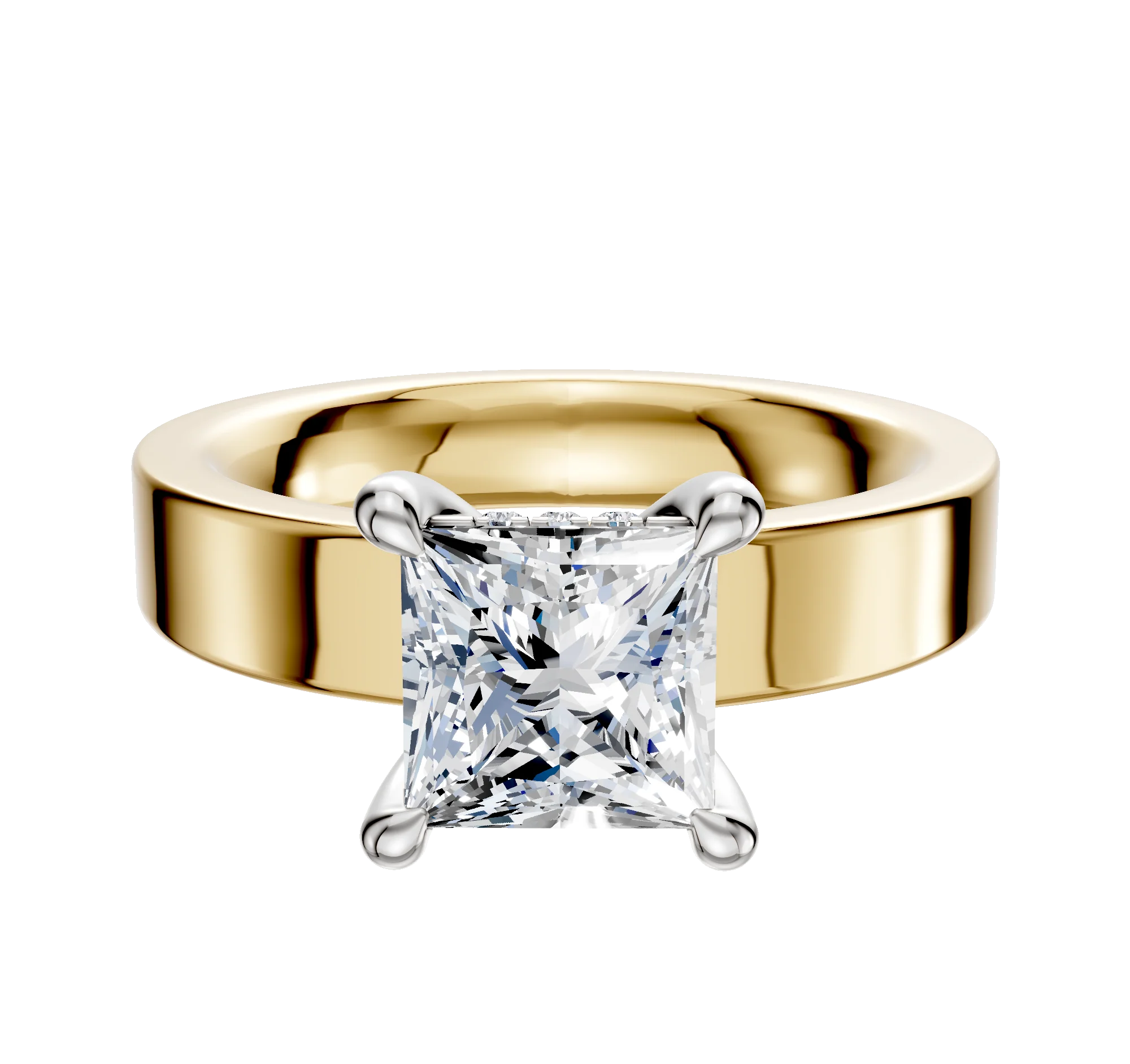 18K Two Tone 4 Prong Hidden Halo Classic Flat 4.0mm Engagement Ring