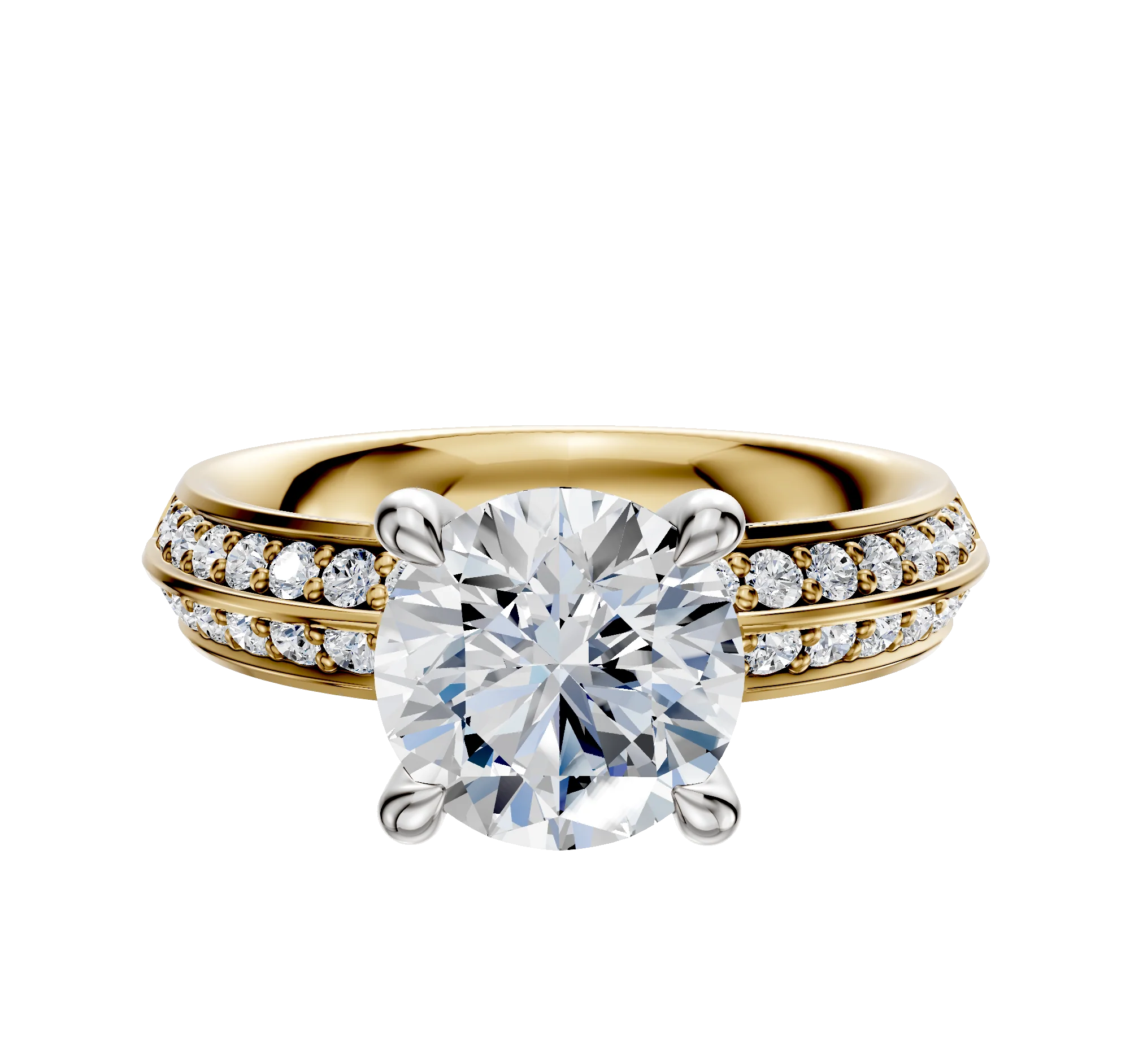 18K Two Tone 4 Prong Hidden Halo Classic Knife Edge 1-Row-Pave 2.5mm Engagement Ring