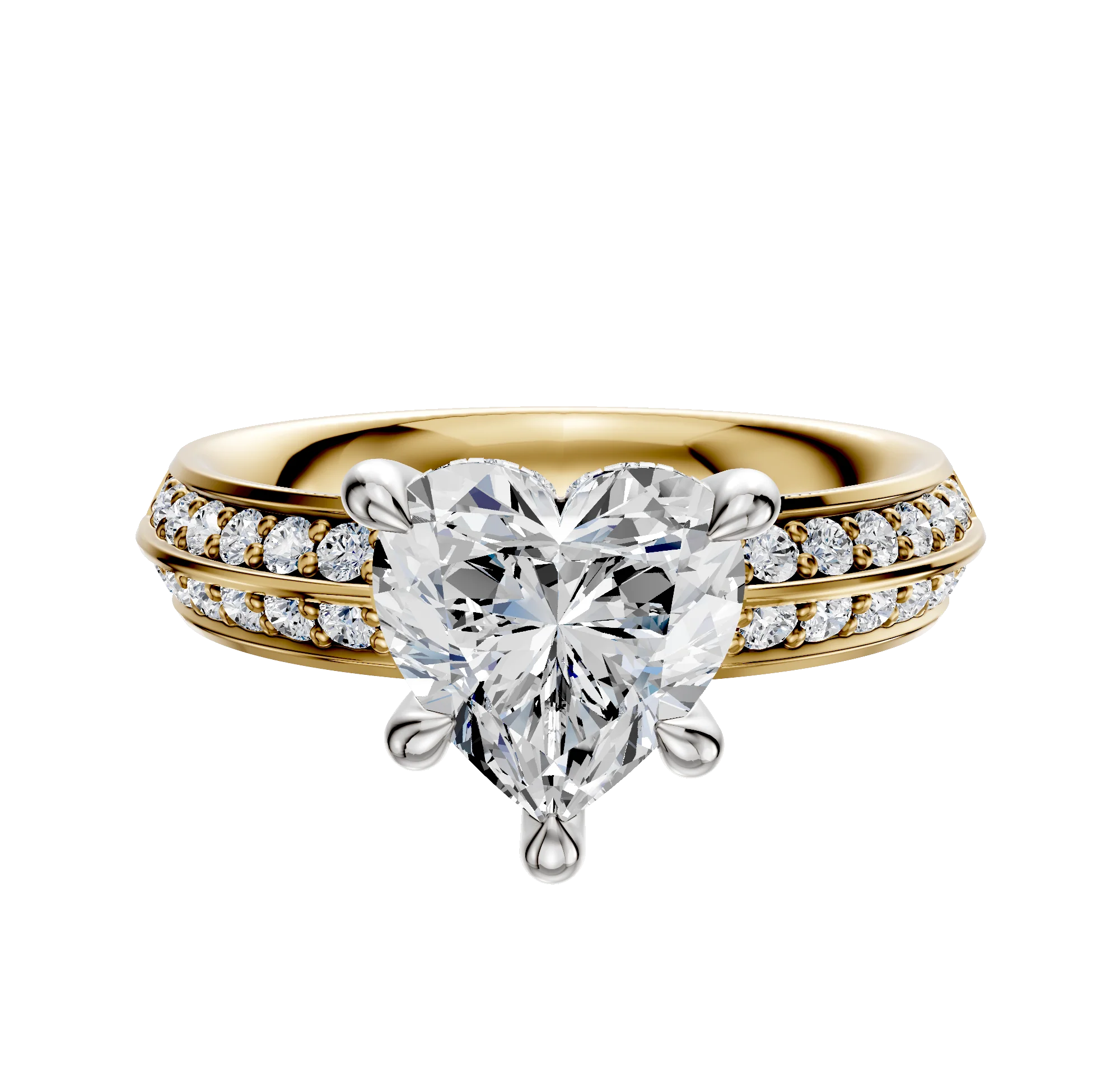 18K Two Tone 4 Prong Hidden Halo Classic Knife Edge 1-Row-Pave 2.5mm Engagement Ring