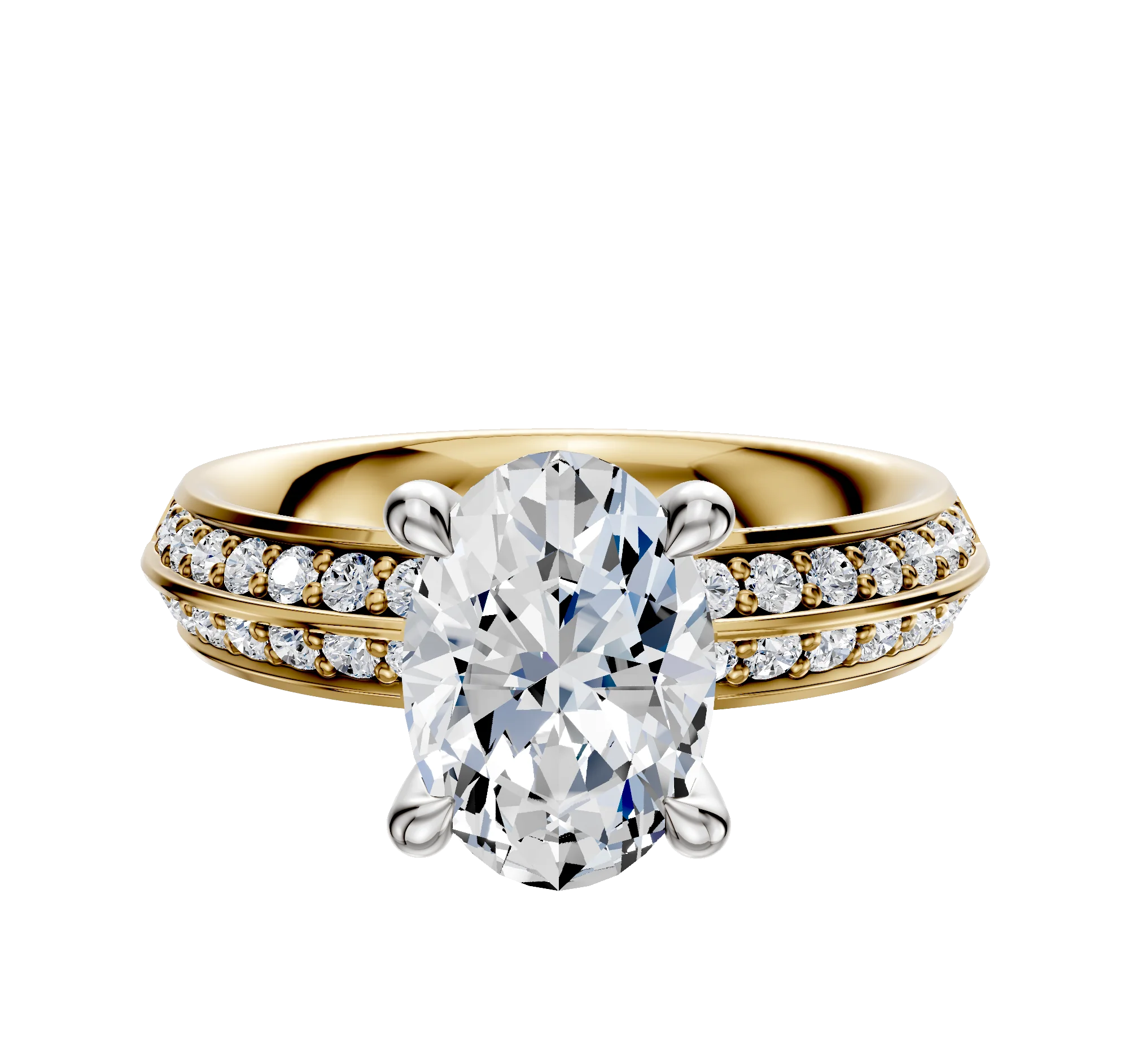 18K Two Tone 4 Prong Hidden Halo Classic Knife Edge 1-Row-Pave 2.5mm Engagement Ring