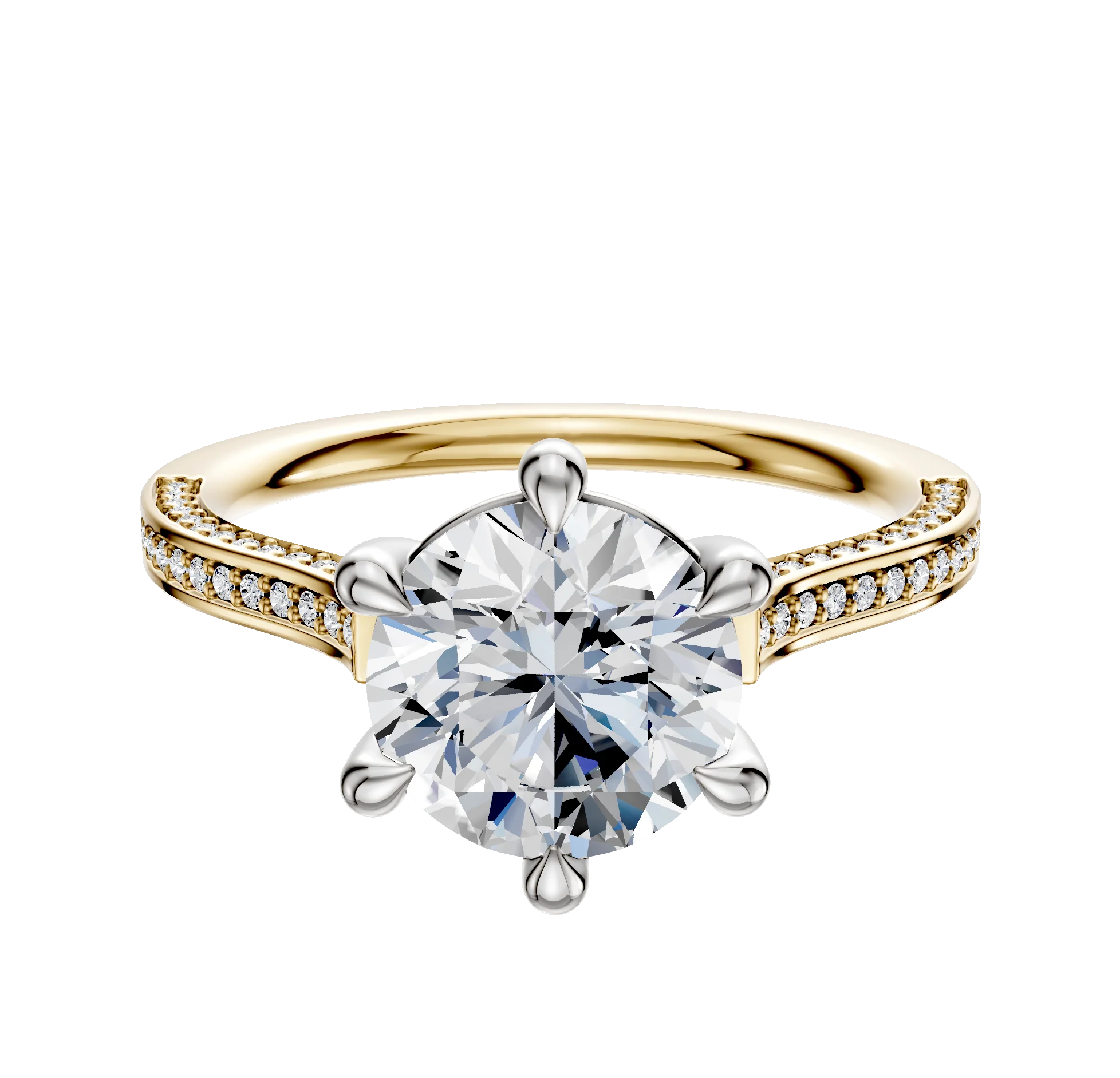 18K Two Tone 6 Prong Basket Cathedral Flat 3-Row-Pave 2.0mm Engagement Ring