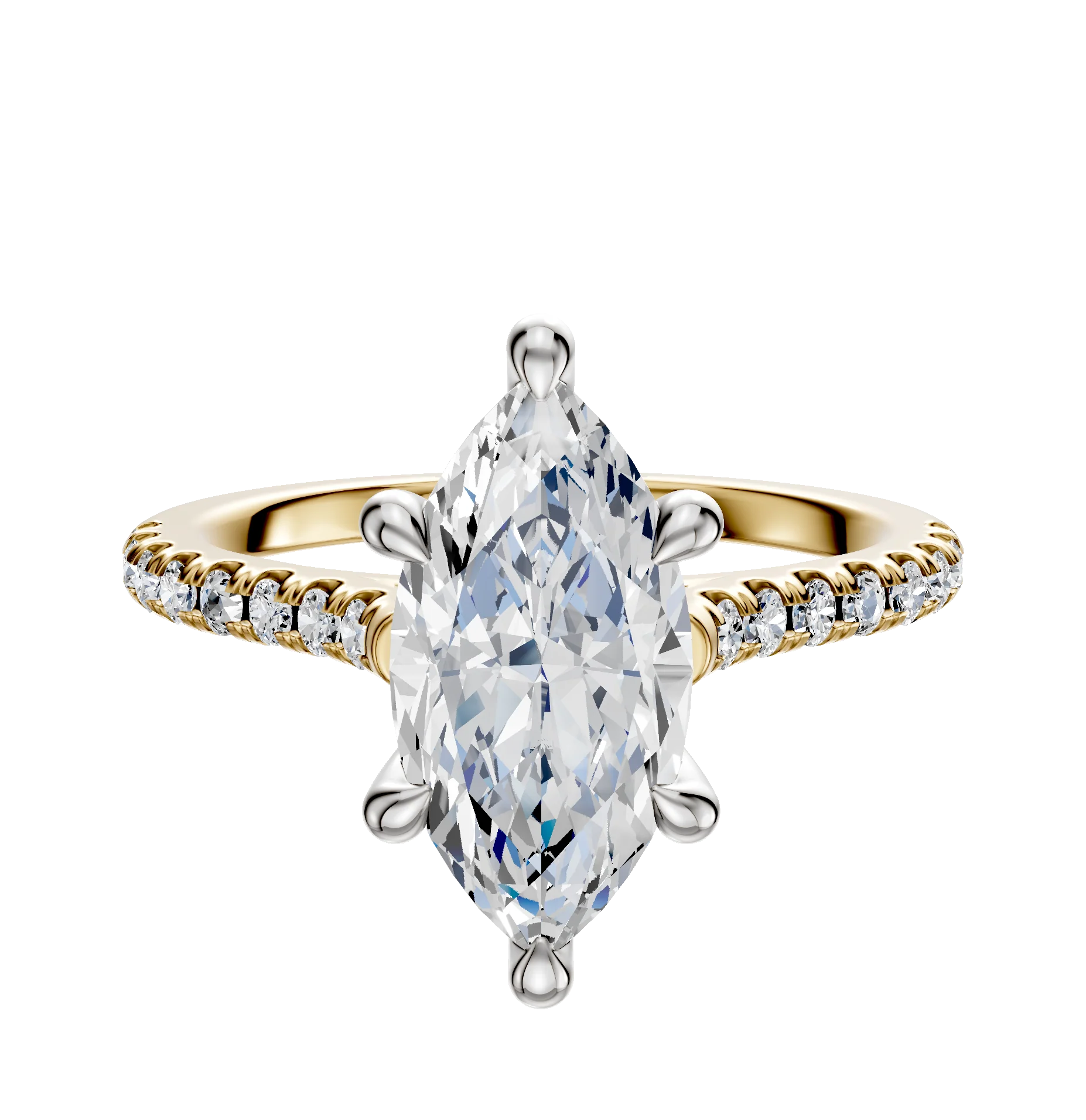 18K Two Tone 6 Prong Hidden Halo Cathedral Dome 1-Row-Pave 2.5mm Engagement Ring