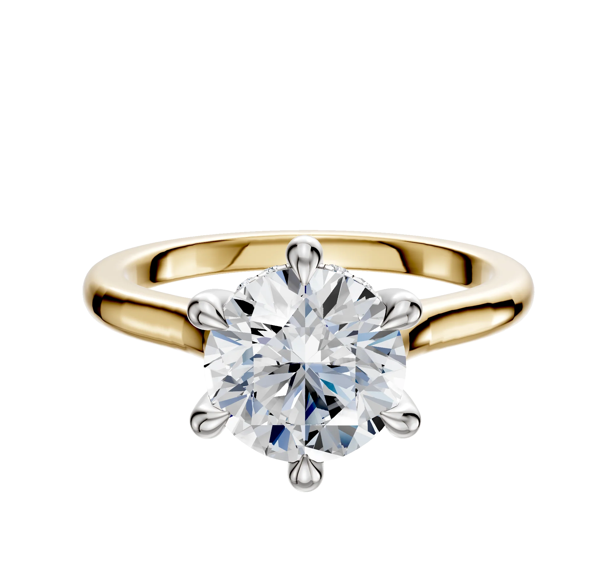 18K Two Tone 6 Prong Hidden Halo Cathedral Dome 2.0mm Engagement Ring