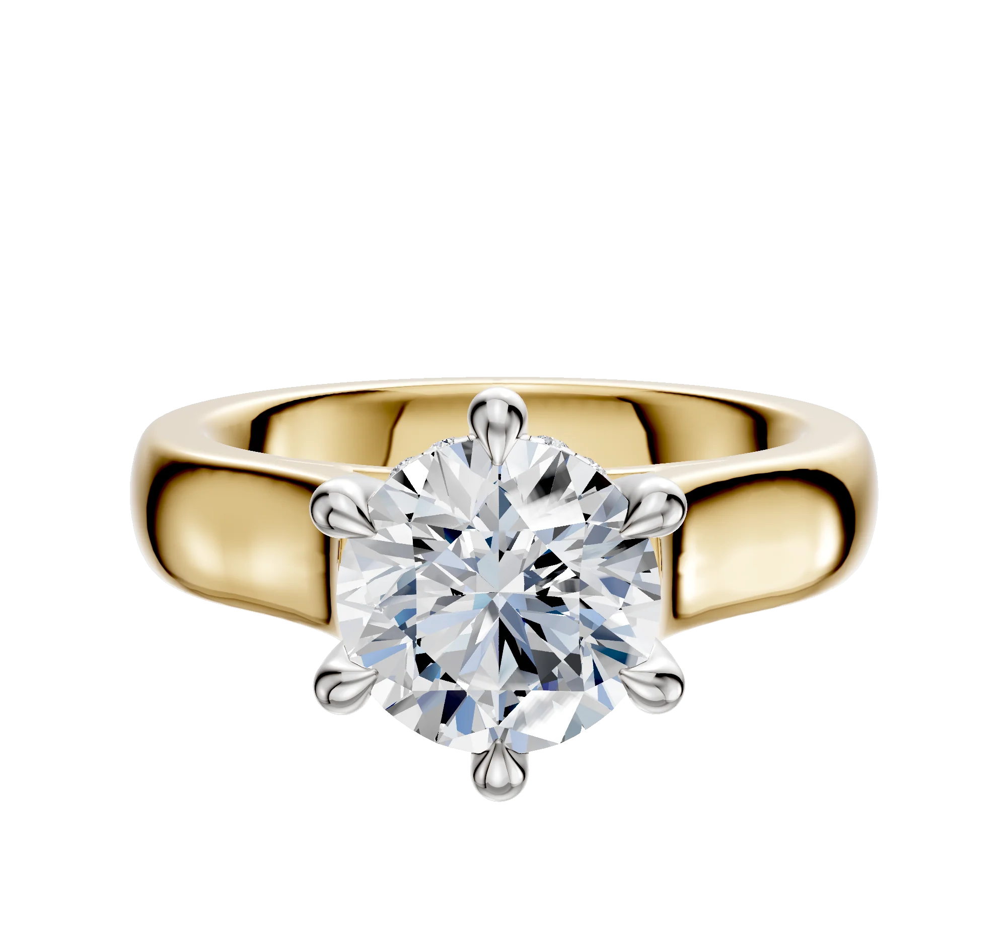 18K Two Tone 6 Prong Hidden Halo Cathedral Dome 4.0mm Engagement Ring