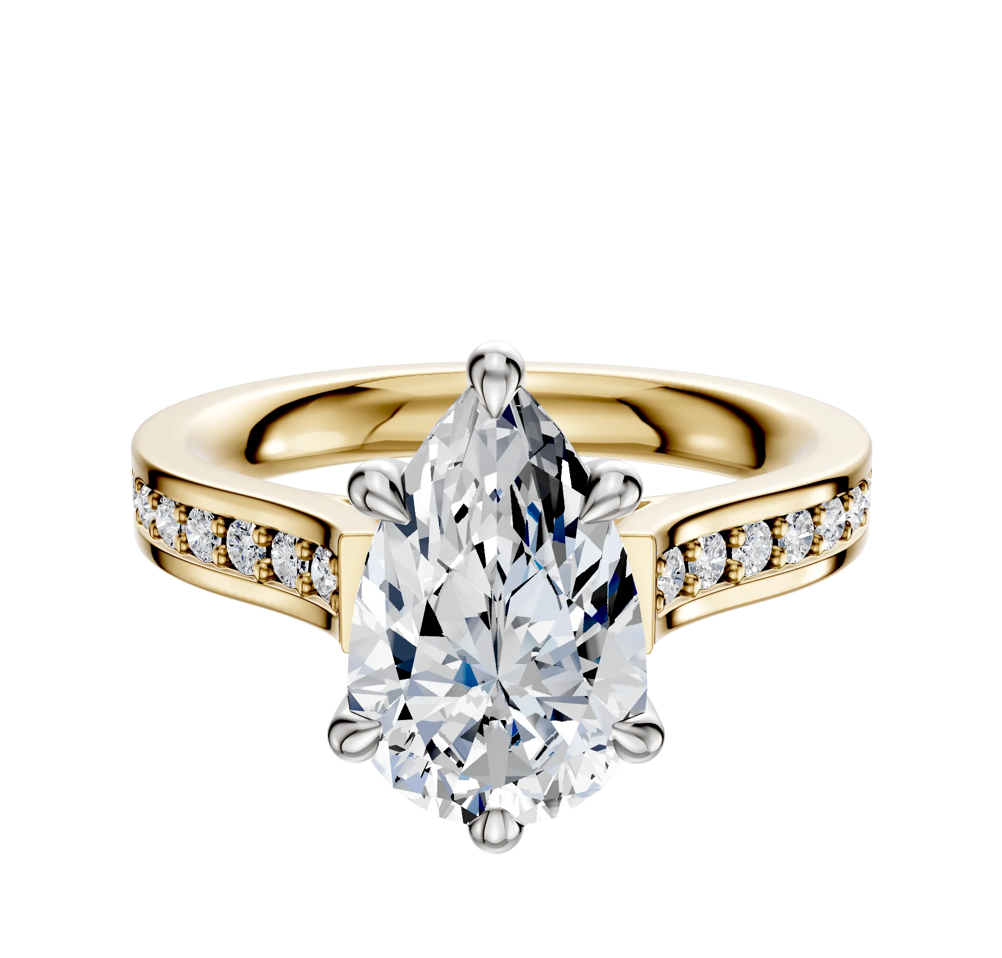 18K Two Tone 6 Prong Hidden Halo Cathedral Flat 1-Row-Pave 2.5mm Engagement Ring