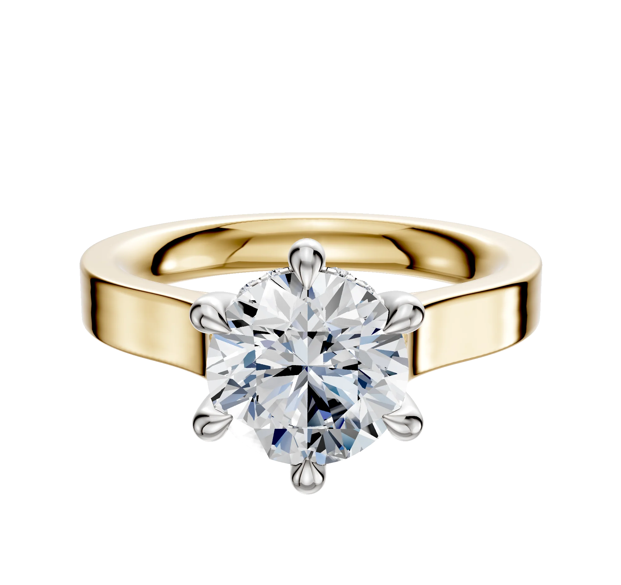 18K Two Tone 6 Prong Hidden Halo Cathedral Flat 3.0mm Engagement Ring