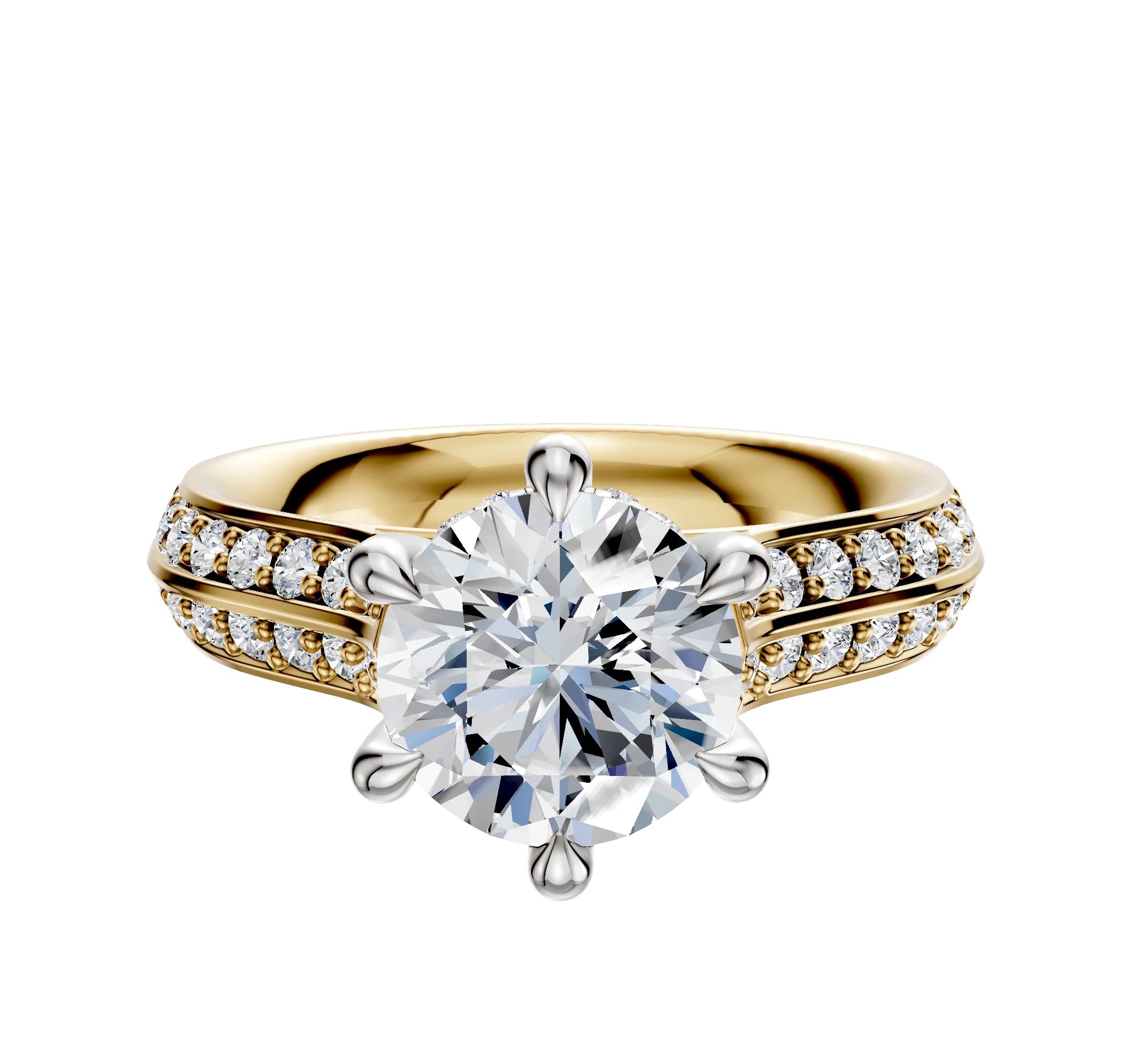 18K Two Tone 6 Prong Hidden Halo Cathedral Knife Edge 1-Row-Pave 2.5mm Engagement Ring