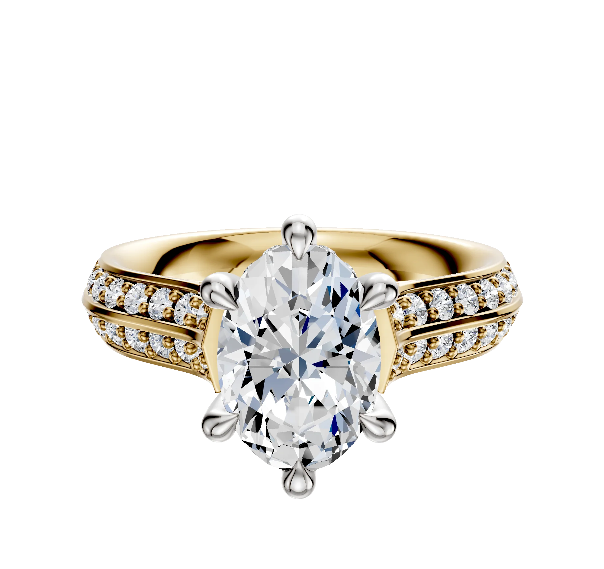 18K Two Tone 6 Prong Hidden Halo Cathedral Knife Edge 1-Row-Pave 2.5mm Engagement Ring