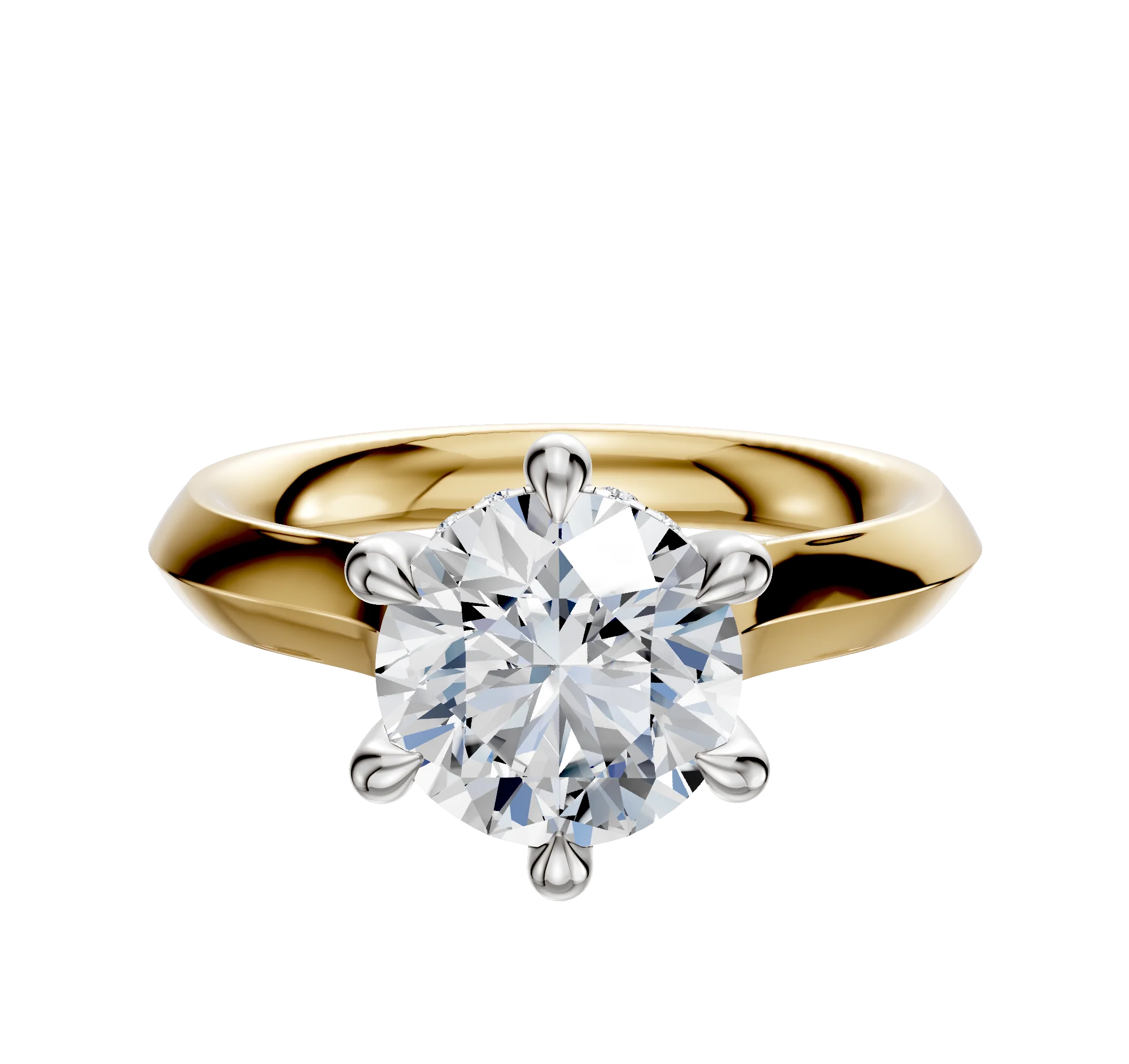 18K Two Tone 6 Prong Hidden Halo Cathedral Knife Edge 3.0mm Engagement Ring