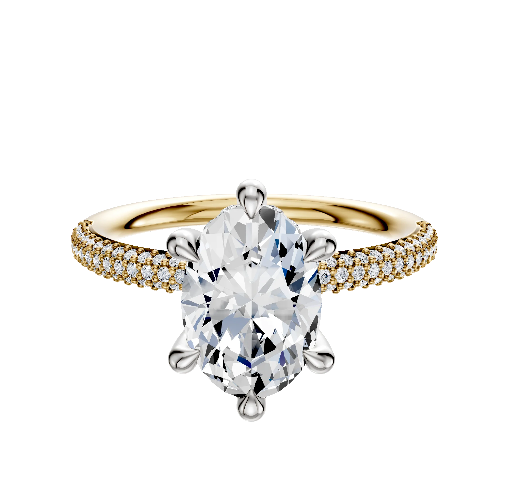 18K Two Tone 6 Prong Hidden Halo Classic Dome 3-Row-Pave 2.0mm Engagement Ring