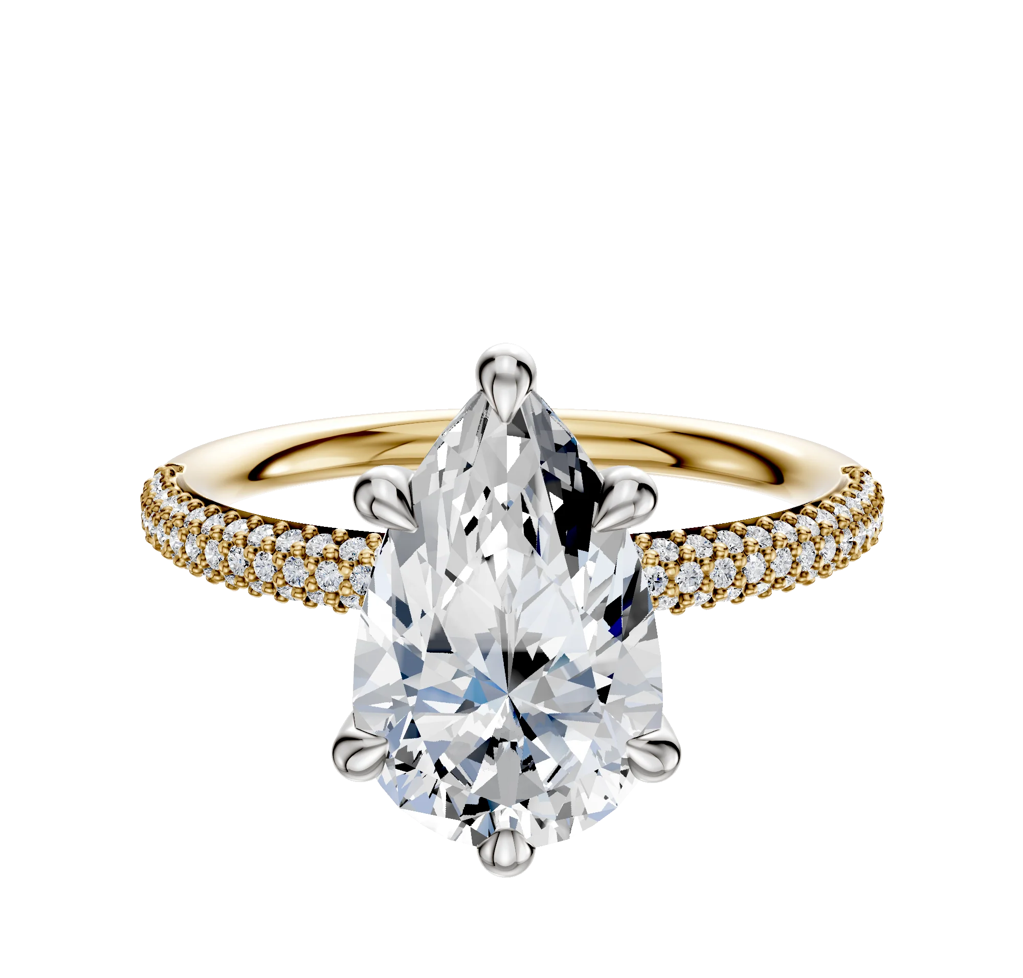 18K Two Tone 6 Prong Hidden Halo Classic Dome 3-Row-Pave 2.0mm Engagement Ring