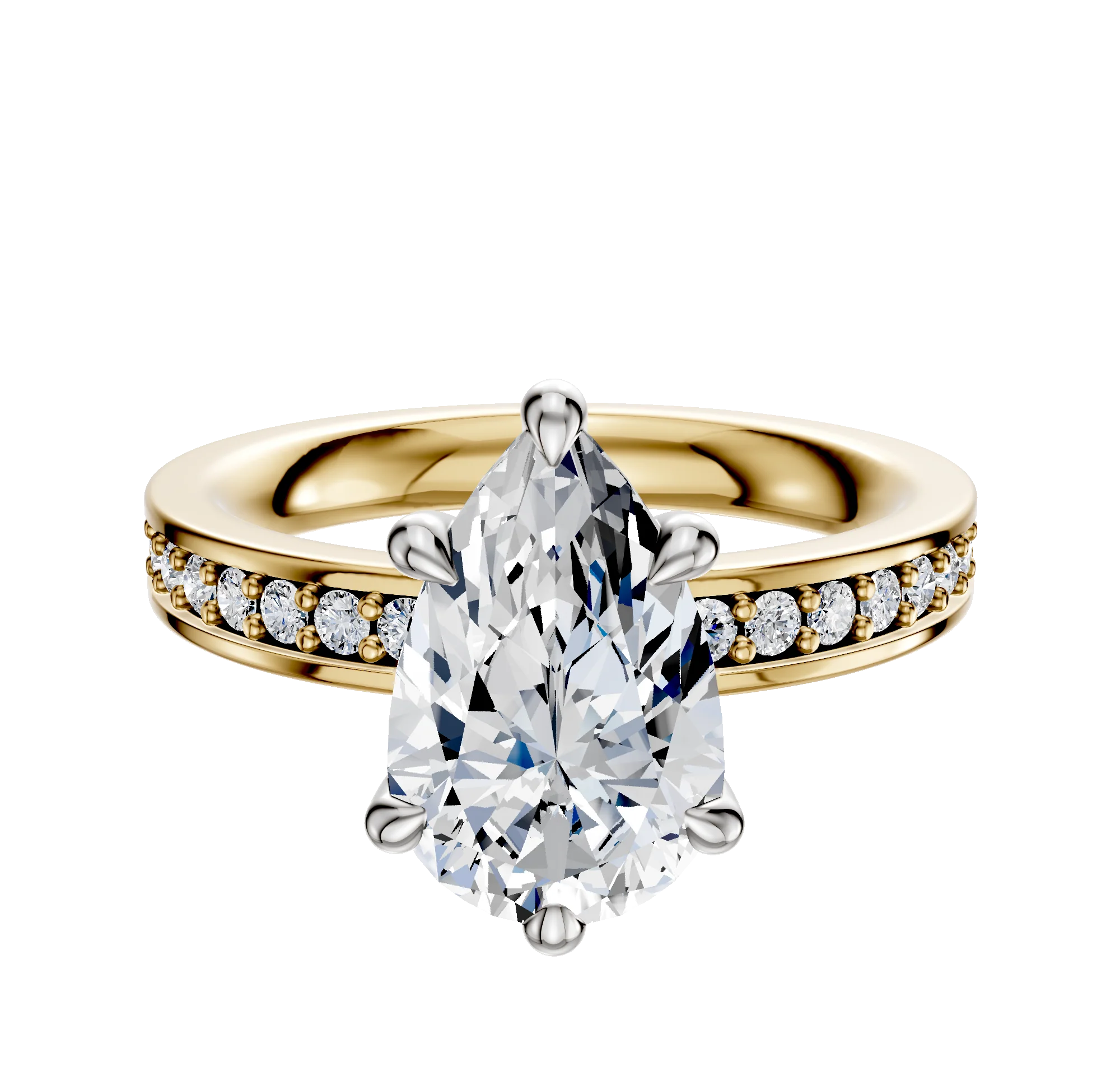 18K Two Tone 6 Prong Hidden Halo Classic Flat 1-Row-Pave 2.5mm Engagement Ring