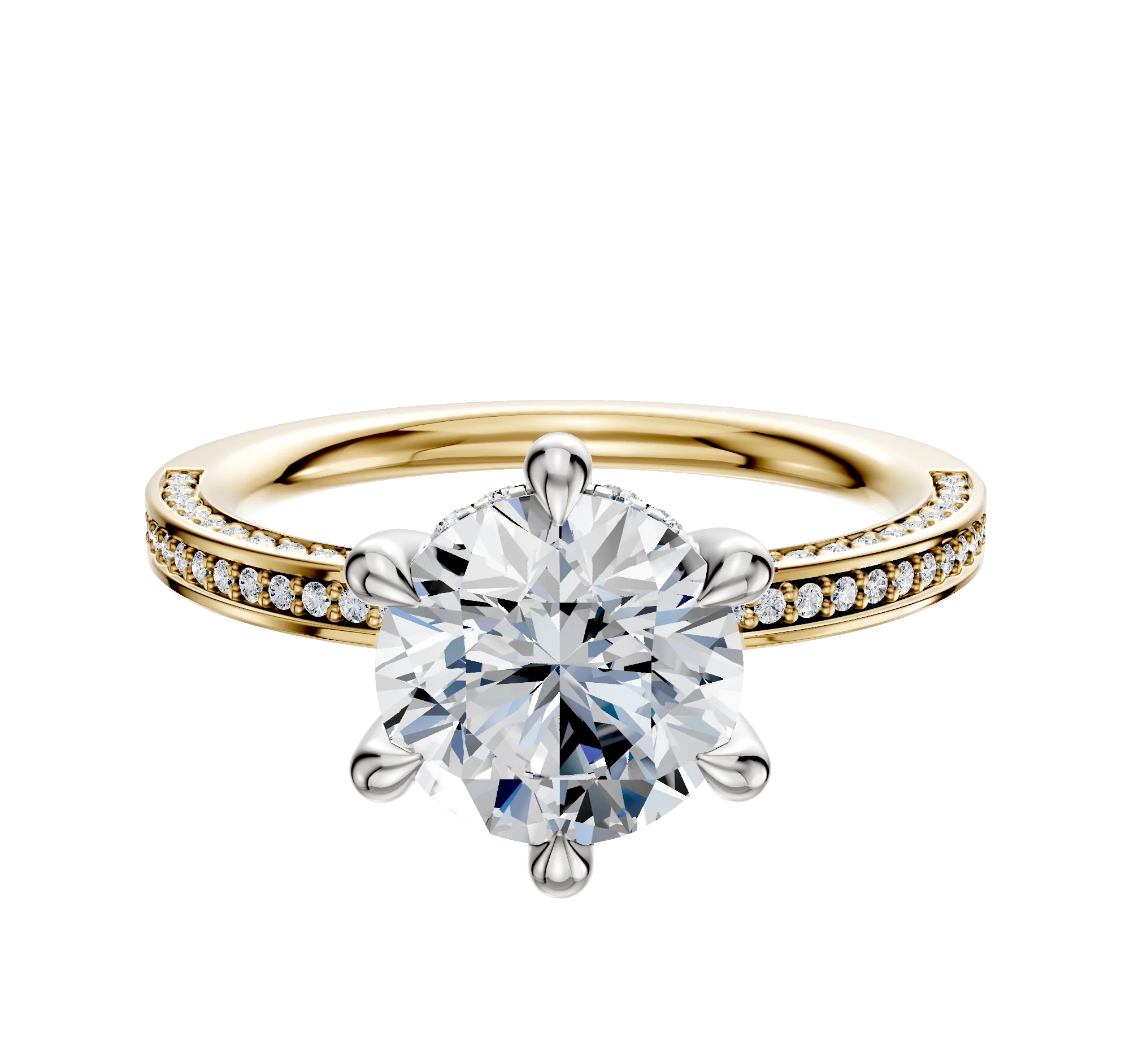 18K Two Tone 6 Prong Hidden Halo Classic Flat 3-Row-Pave 2.0mm Engagement Ring