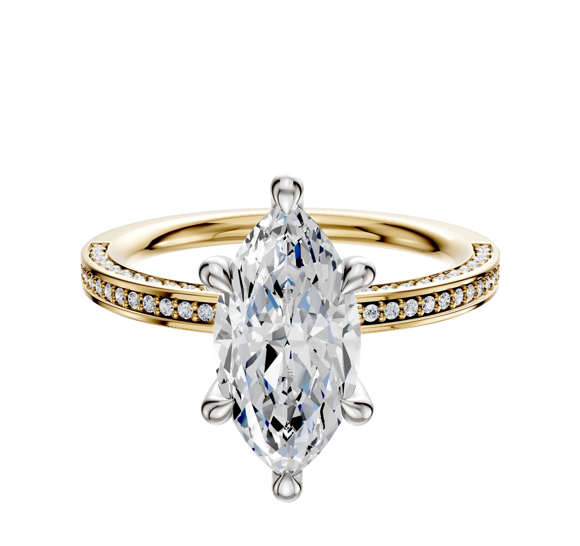 18K Two Tone 6 Prong Hidden Halo Classic Flat 3-Row-Pave 2.0mm Engagement Ring