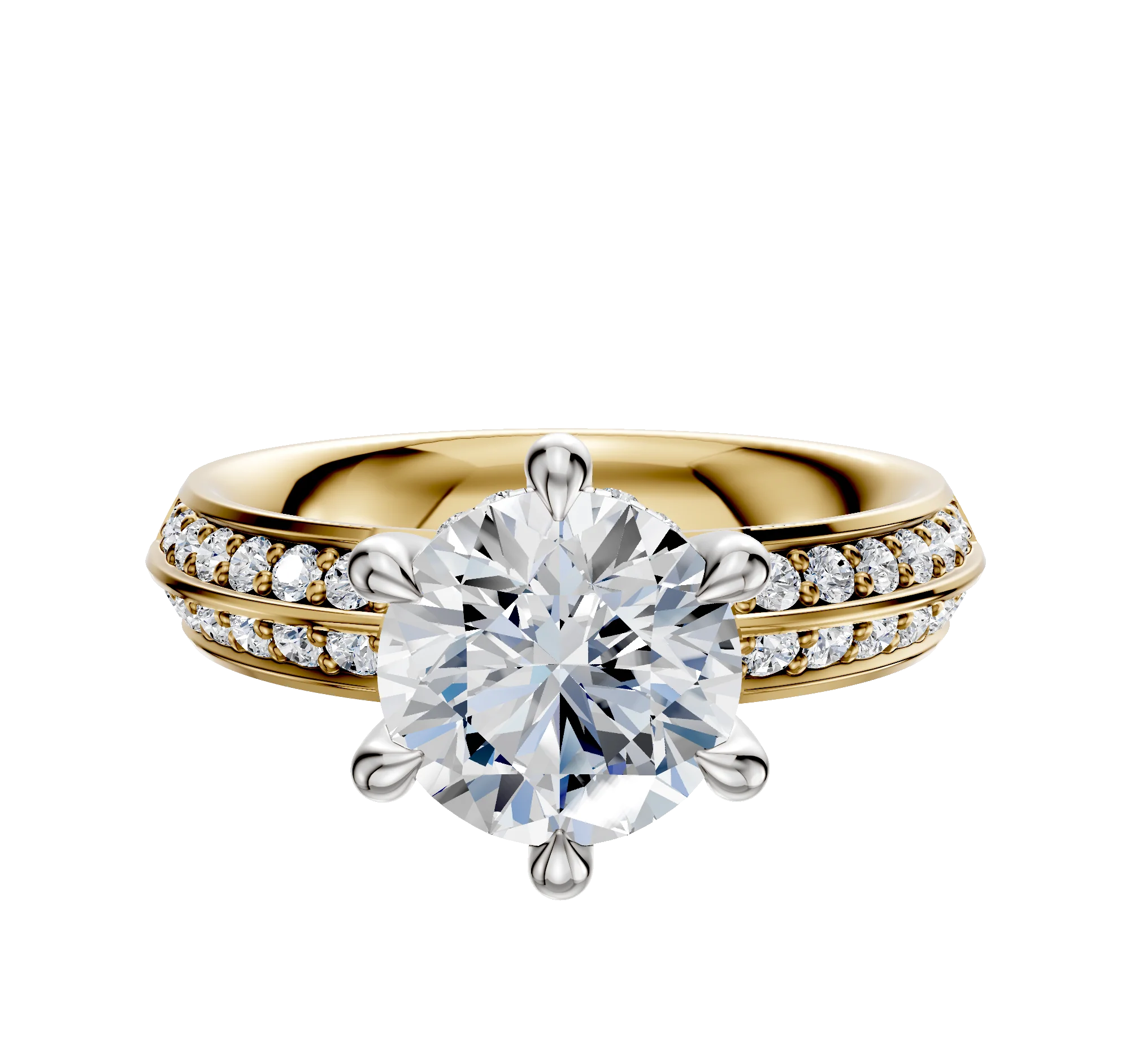 18K Two Tone 6 Prong Hidden Halo Classic Knife Edge 1-Row-Pave 2.5mm Engagement Ring