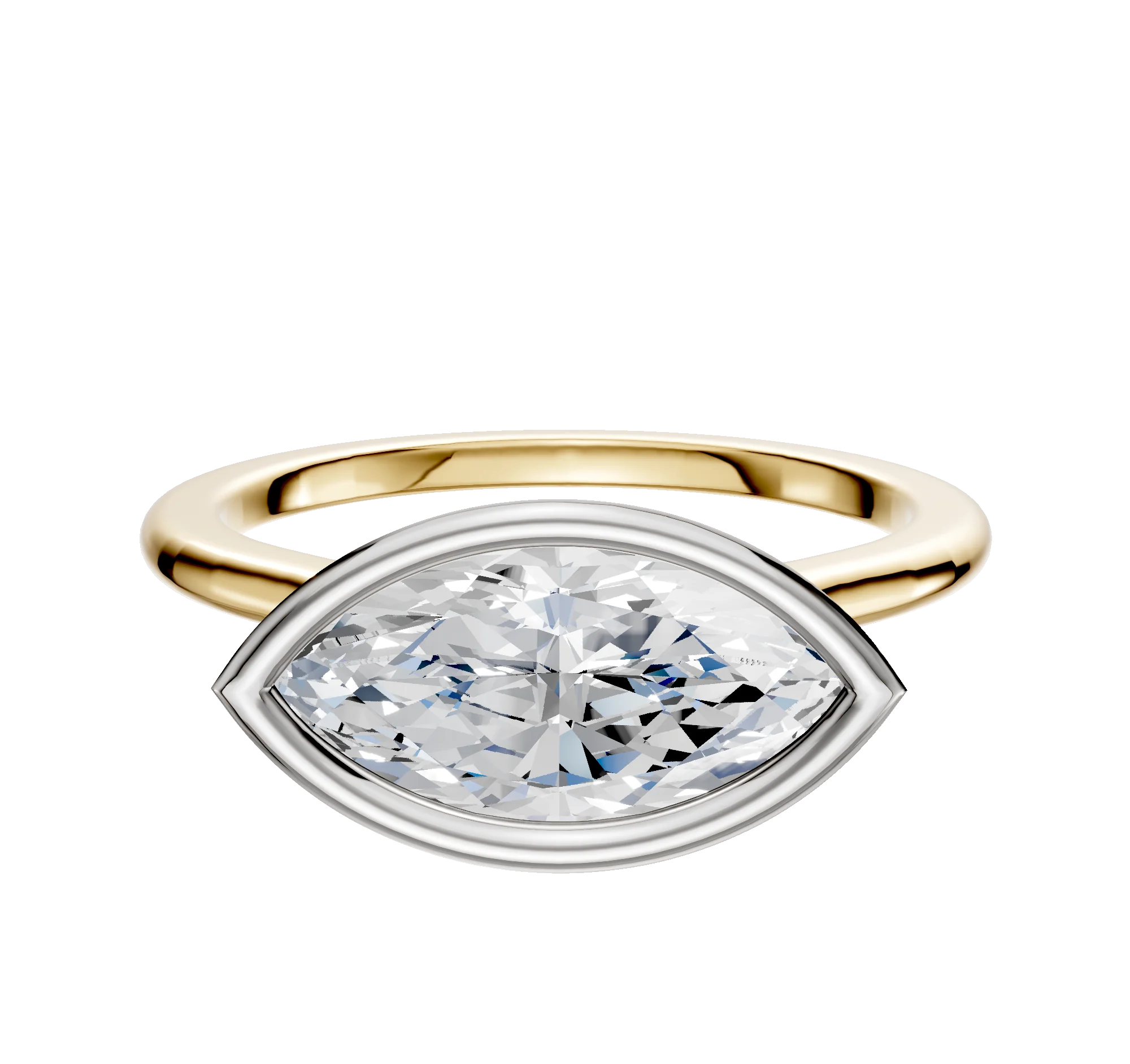 18K Two Tone Bezel Full Bezel East/West Cathedral Dome 1.5mm Engagement Ring