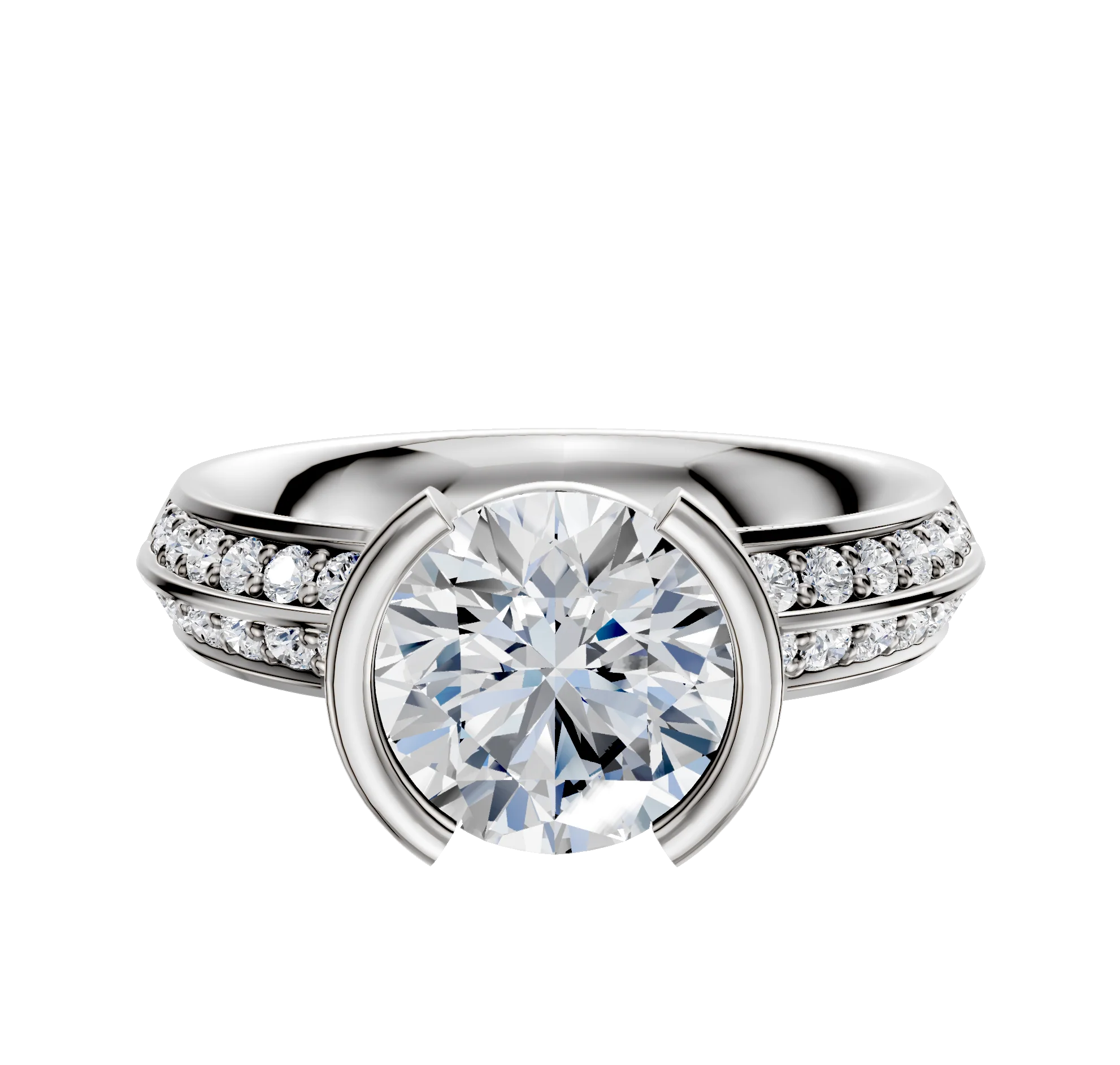 18K Two Tone Bezel Half Bezel North/South Classic Knife Edge 1-Row-Pave 2.5mm Engagement Ring