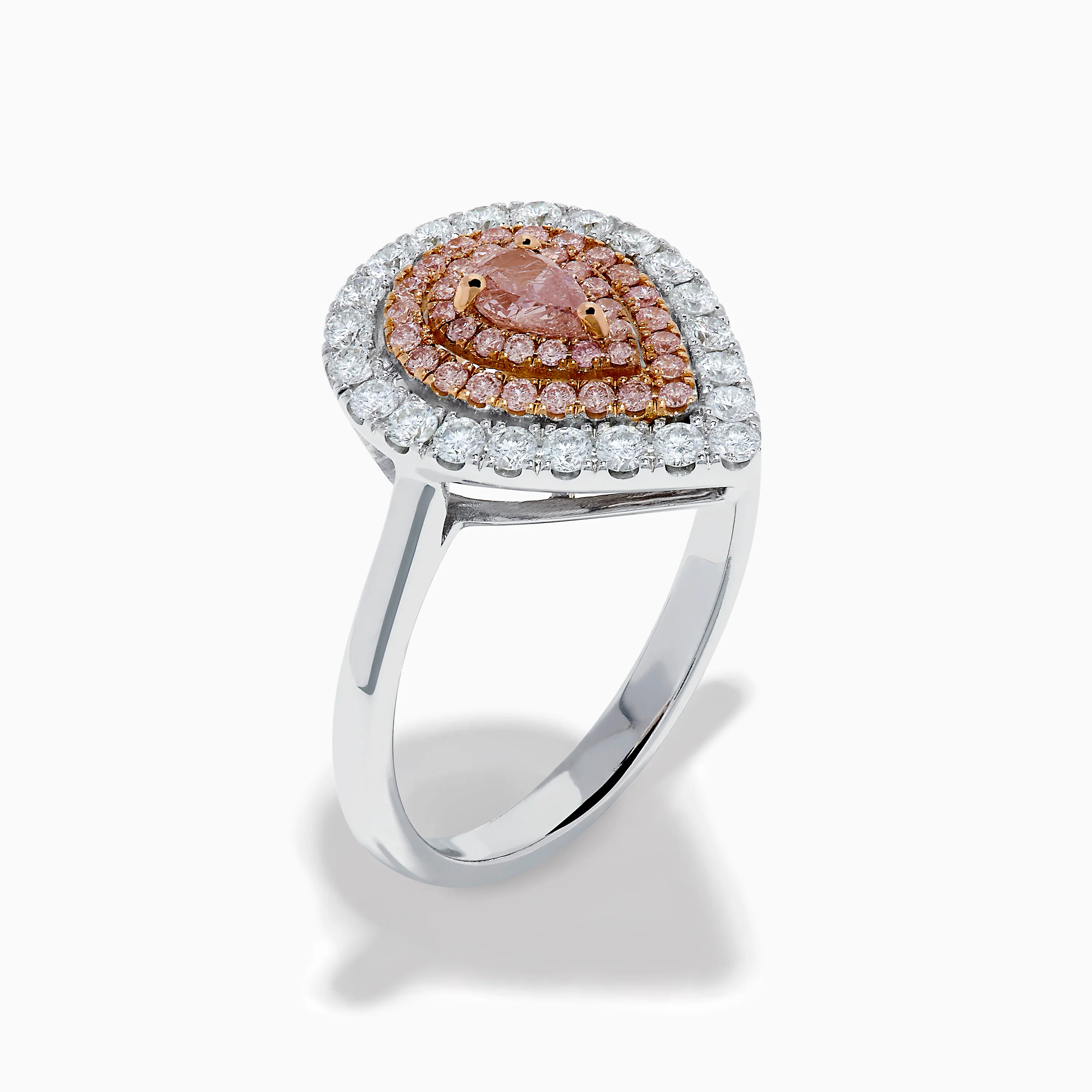18K Two Tone Pear Shape Pink and White Diamond Halo Ring - Image 4