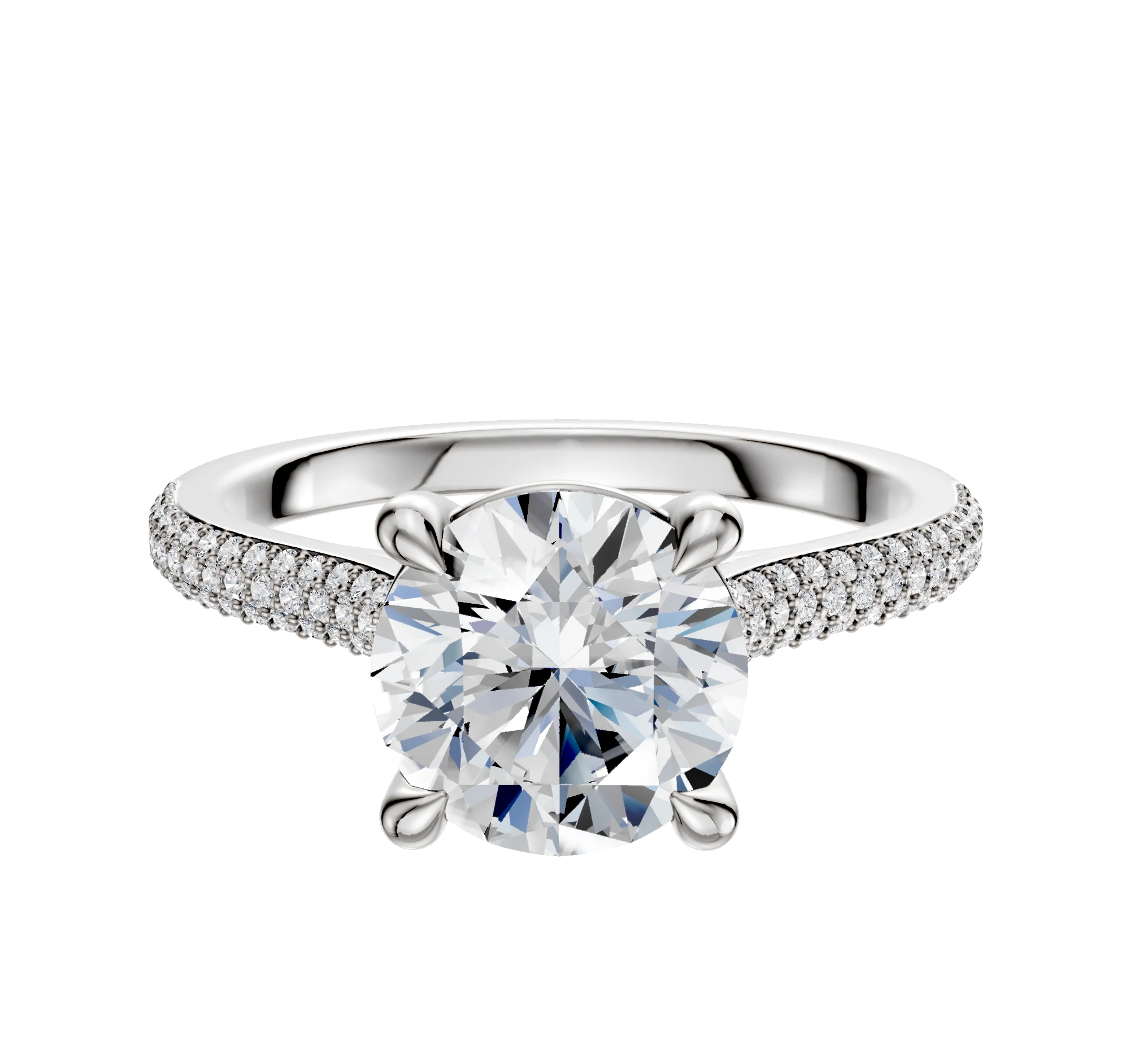 18K White Gold 4 Prong Basket Cathedral Dome 3-Row-Pave 2.0mm Engagement Ring