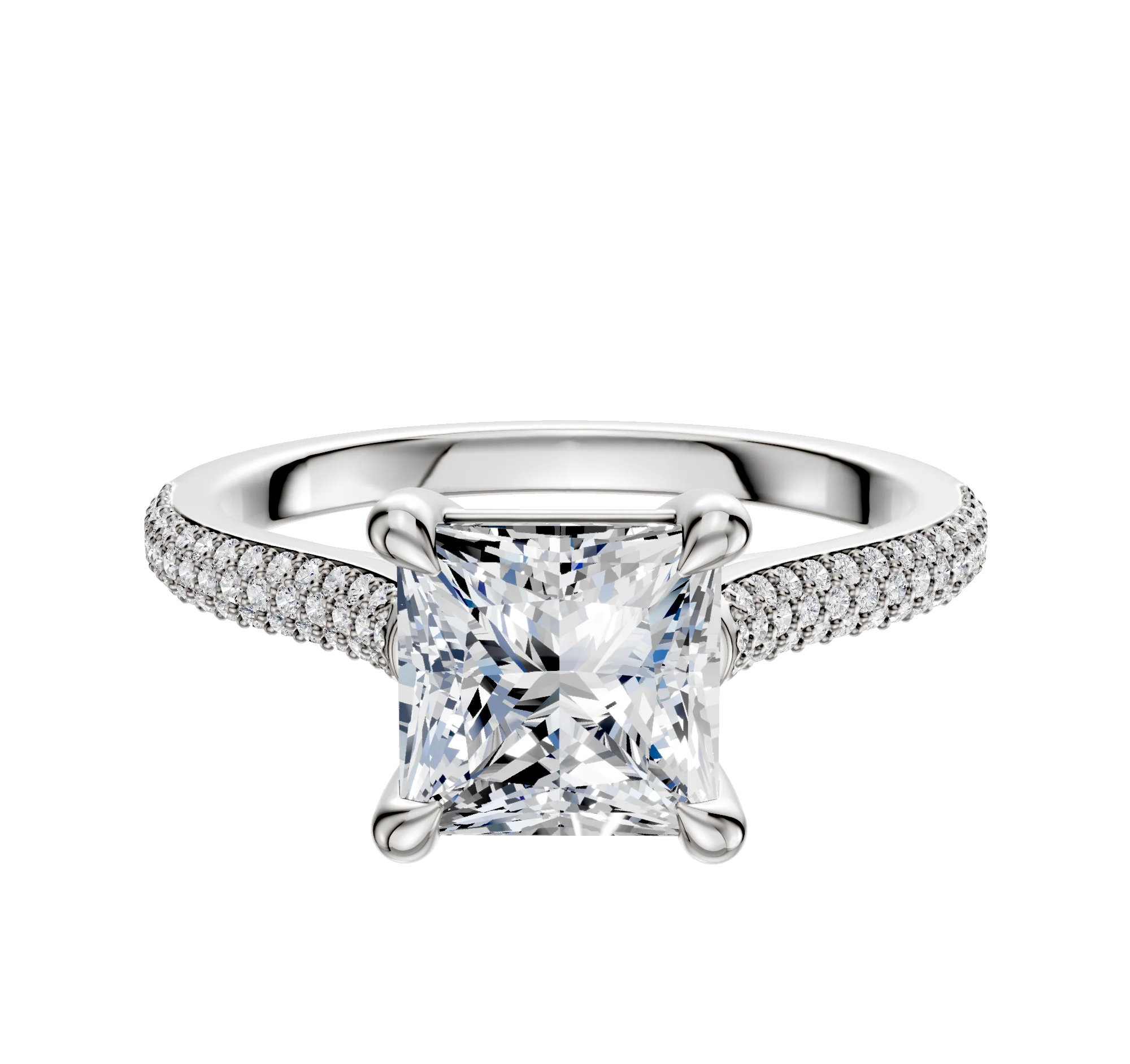 18K White Gold 4 Prong Basket Cathedral Dome 3-Row-Pave 2.0mm Engagement Ring