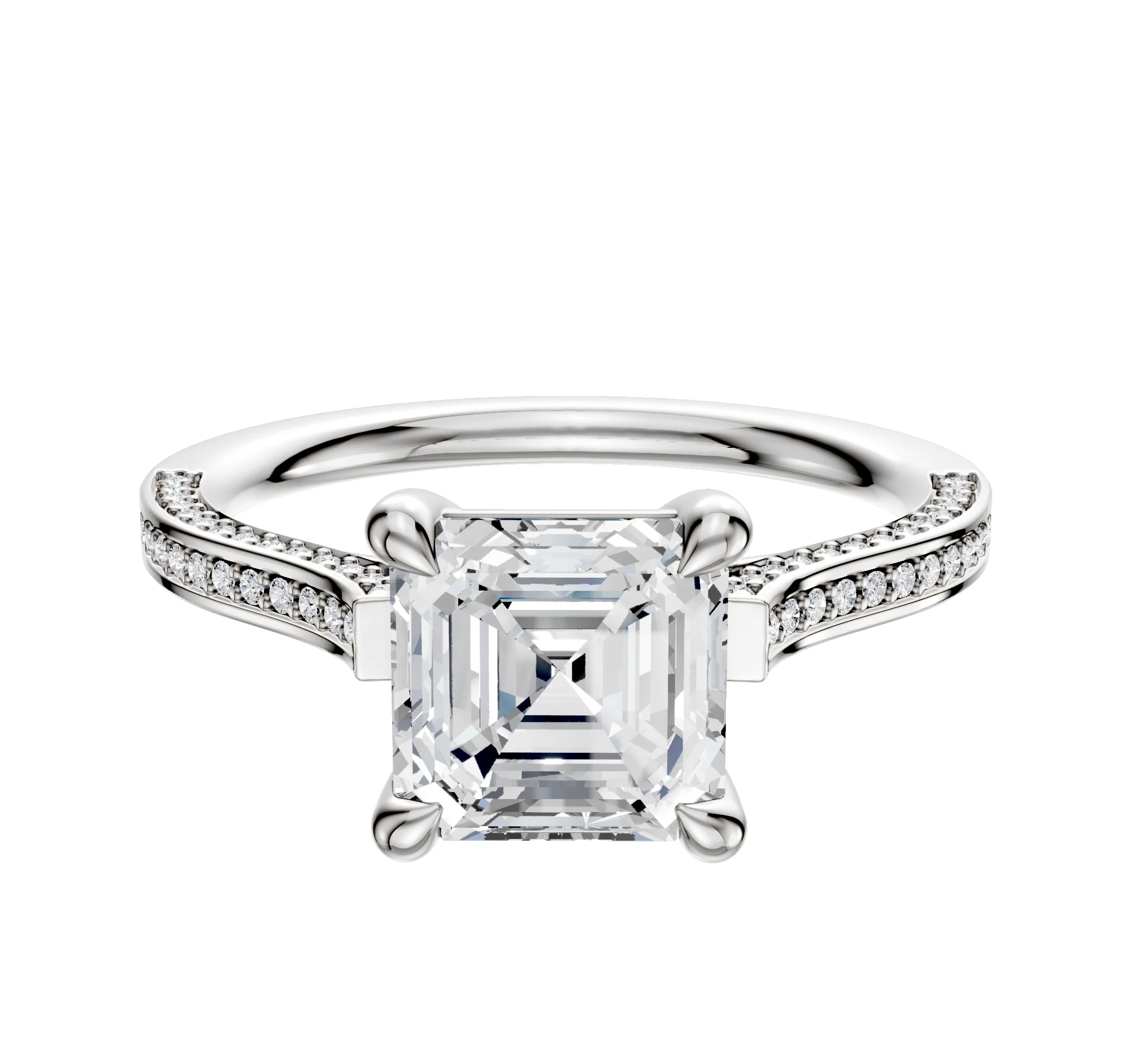 18K White Gold 4 Prong Basket Cathedral Flat 3-Row-Pave 2.0mm Engagement Ring