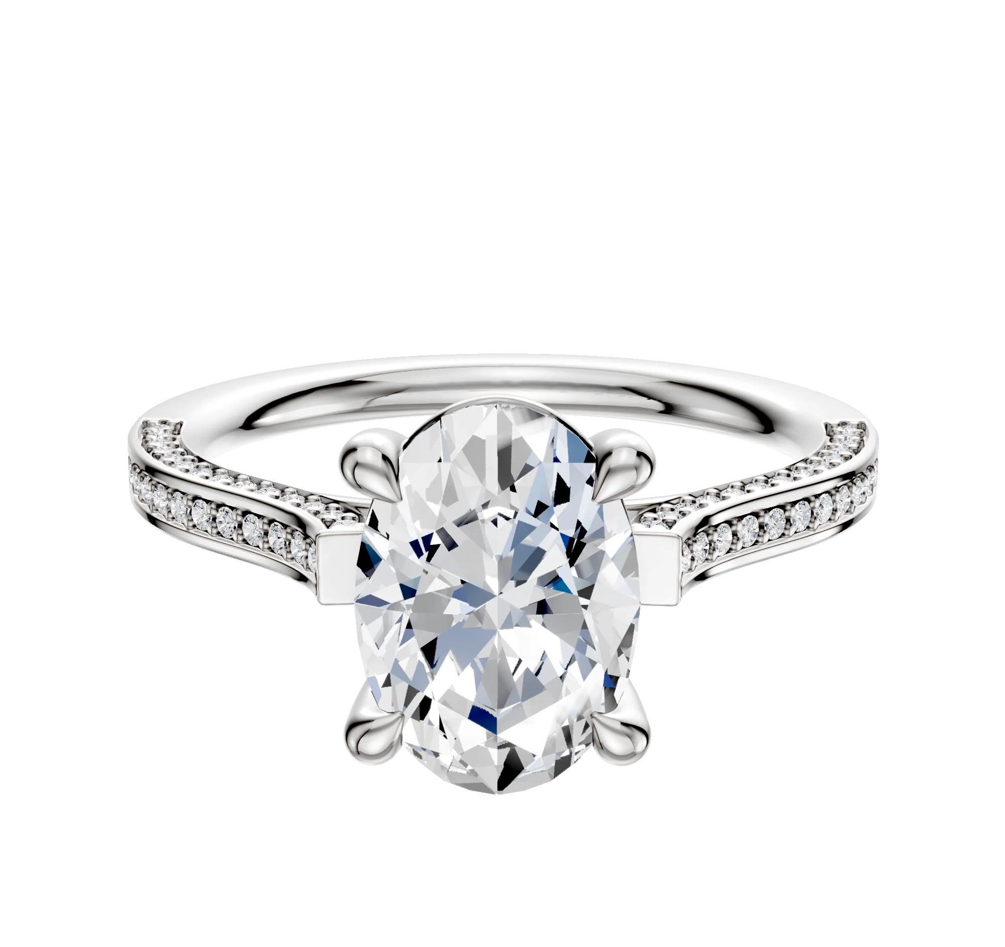 18K White Gold 4 Prong Basket Cathedral Flat 3-Row-Pave 2.0mm Engagement Ring