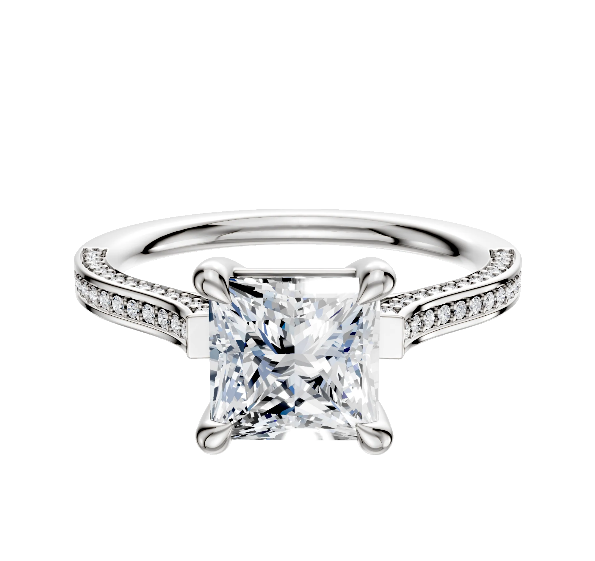 18K White Gold 4 Prong Basket Cathedral Flat 3-Row-Pave 2.0mm Engagement Ring