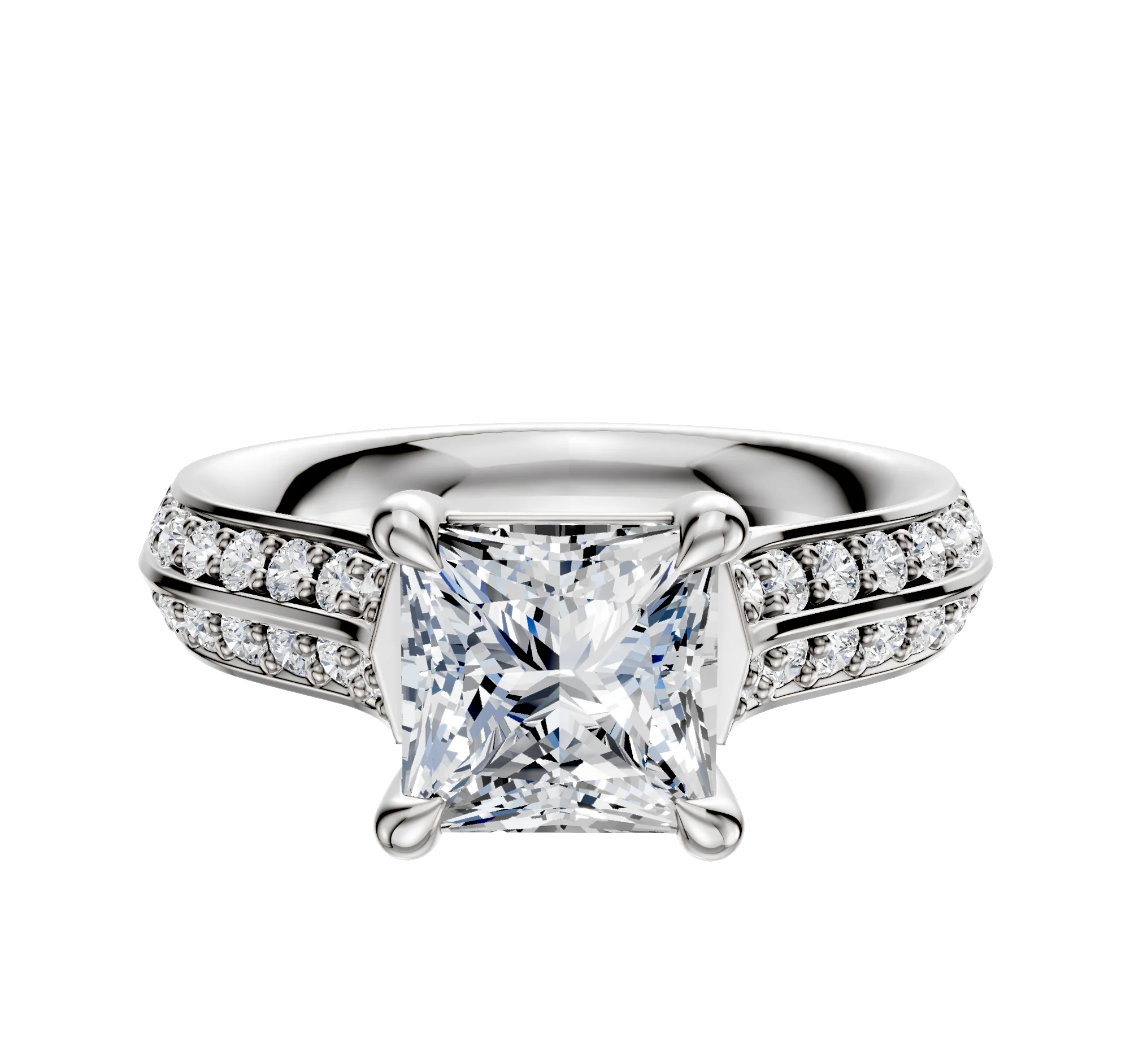 18K White Gold 4 Prong Basket Cathedral Knife Edge 1-Row-Pave 2.5mm Engagement Ring