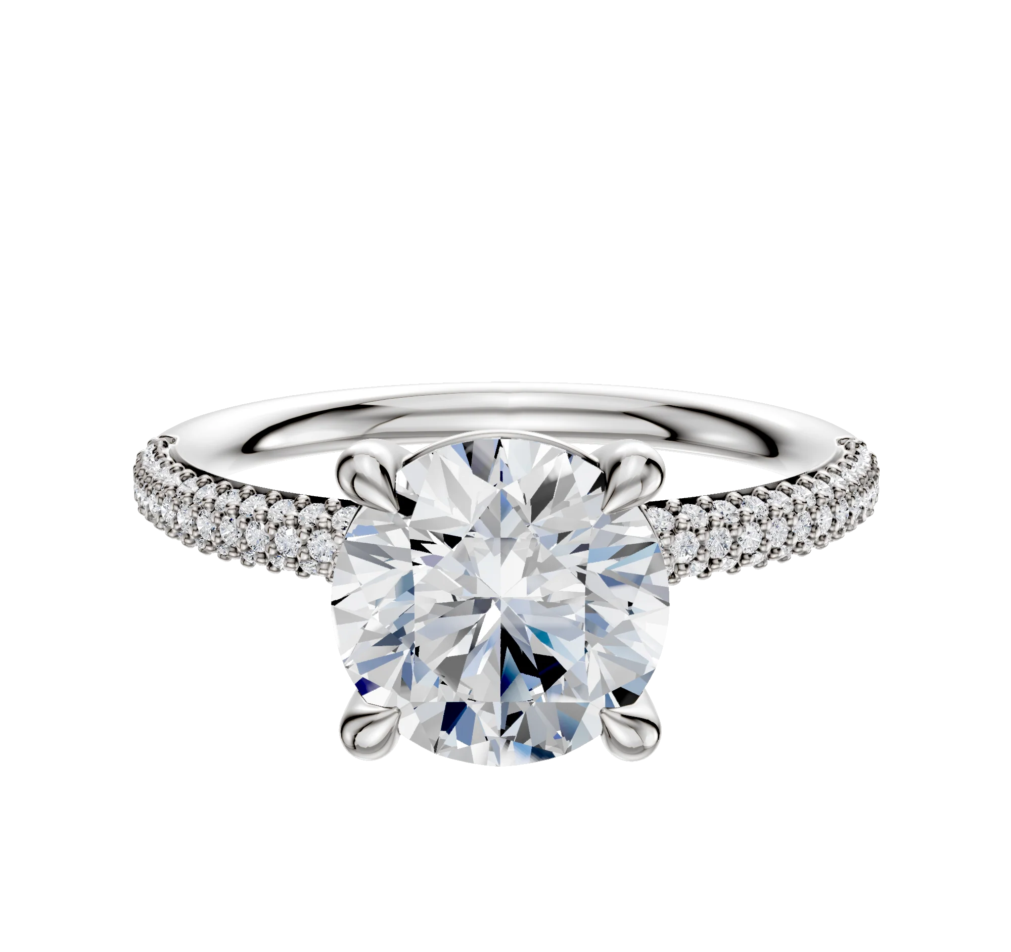 18K White Gold 4 Prong Basket Classic Dome 3-Row-Pave 2.0mm Engagement Ring