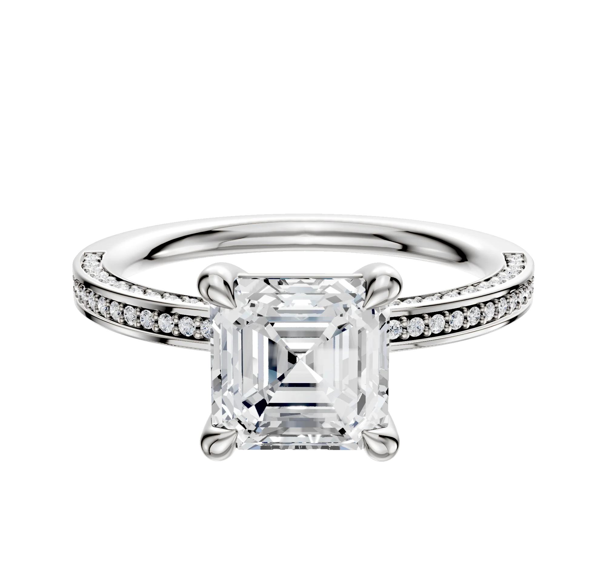 18K White Gold 4 Prong Basket Classic Flat 3-Row-Pave 2.0mm Engagement Ring