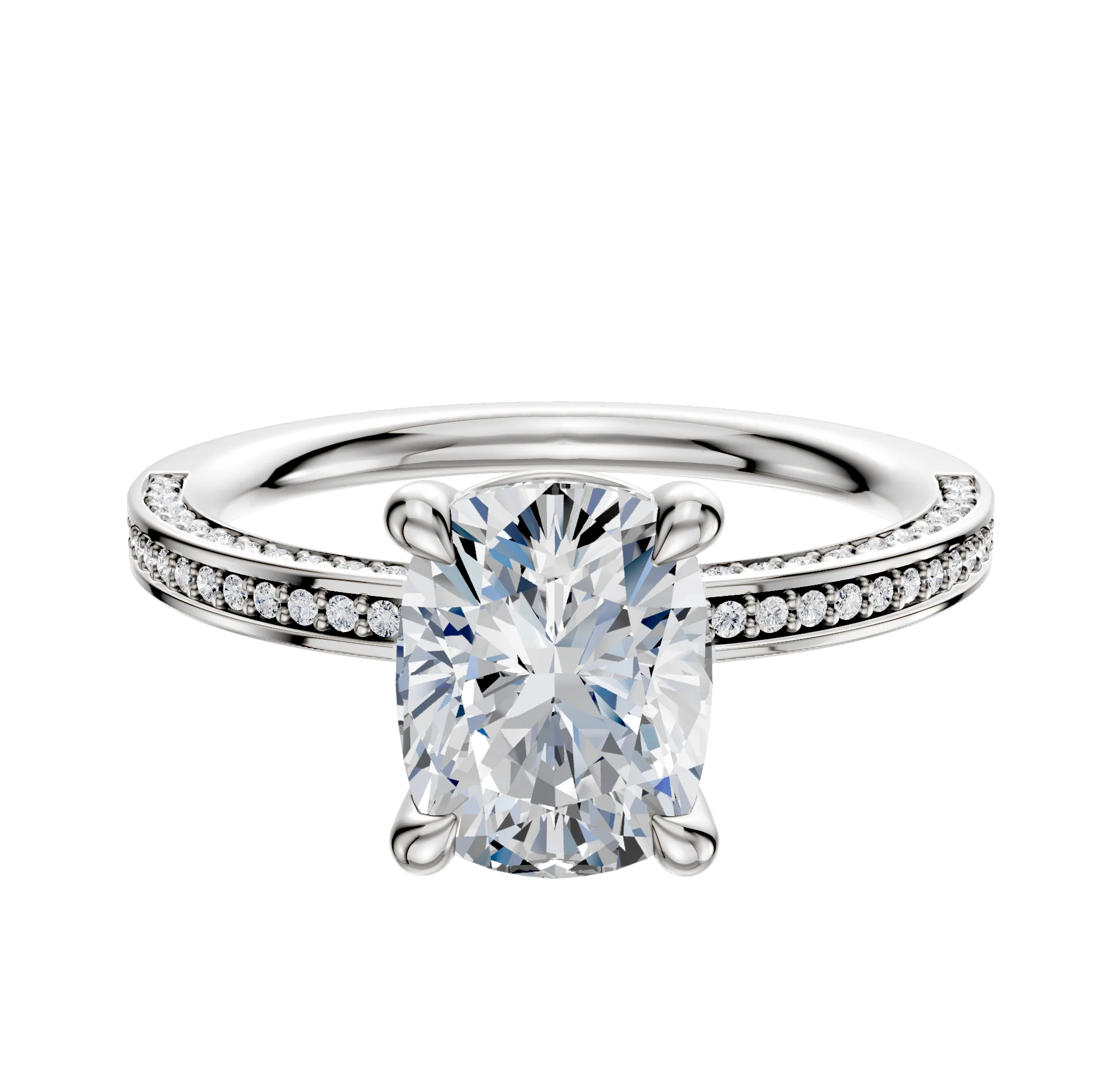 18K White Gold 4 Prong Basket Classic Flat 3-Row-Pave 2.0mm Engagement Ring