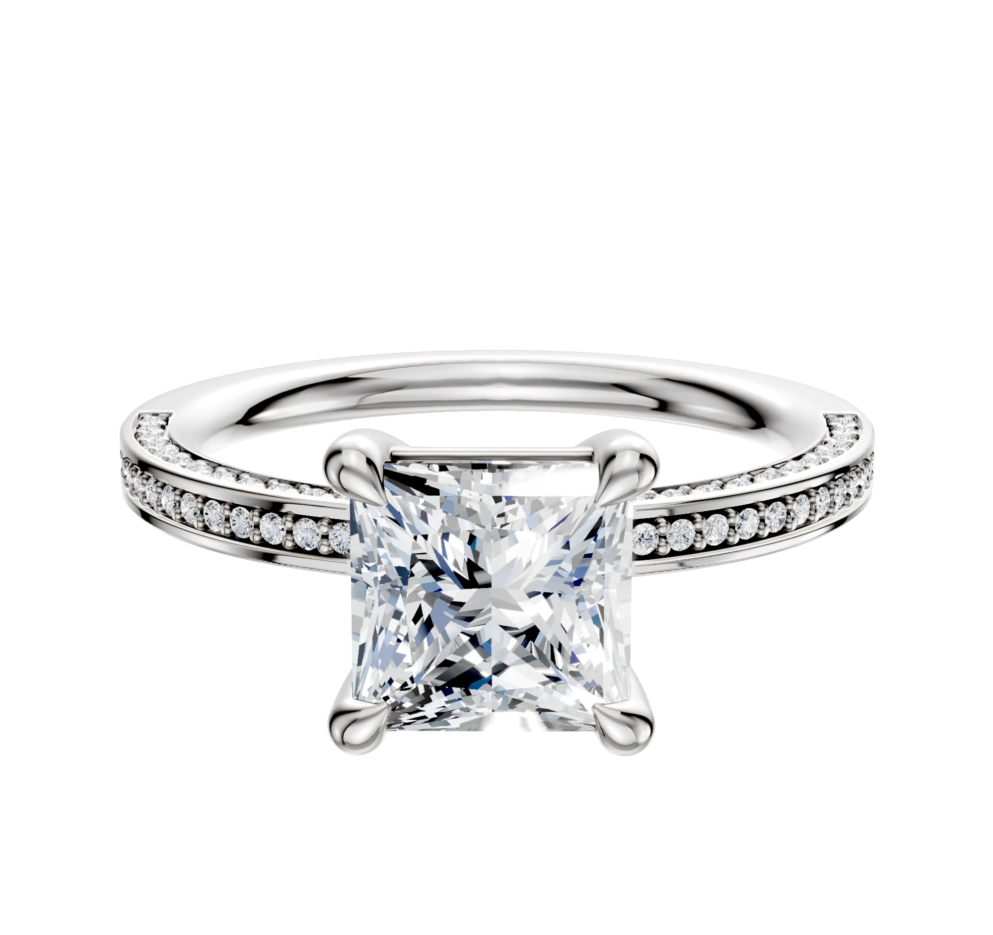 18K White Gold 4 Prong Basket Classic Flat 3-Row-Pave 2.0mm Engagement Ring
