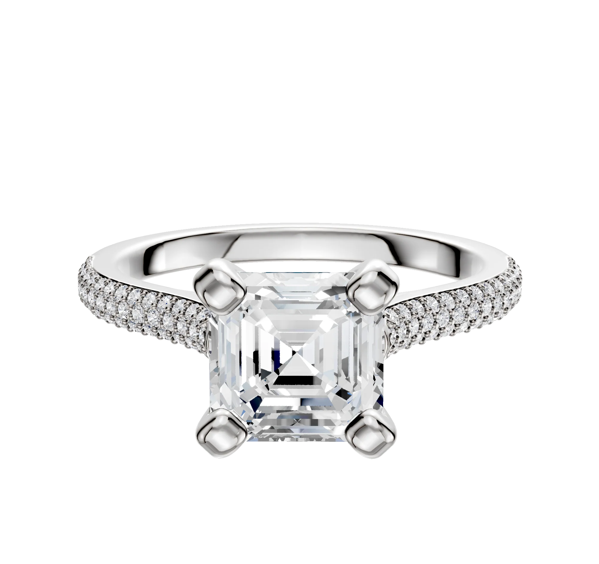 18K White Gold 4 Prong Cathedral Dome 3-Row-Pave 2.0mm Engagement Ring