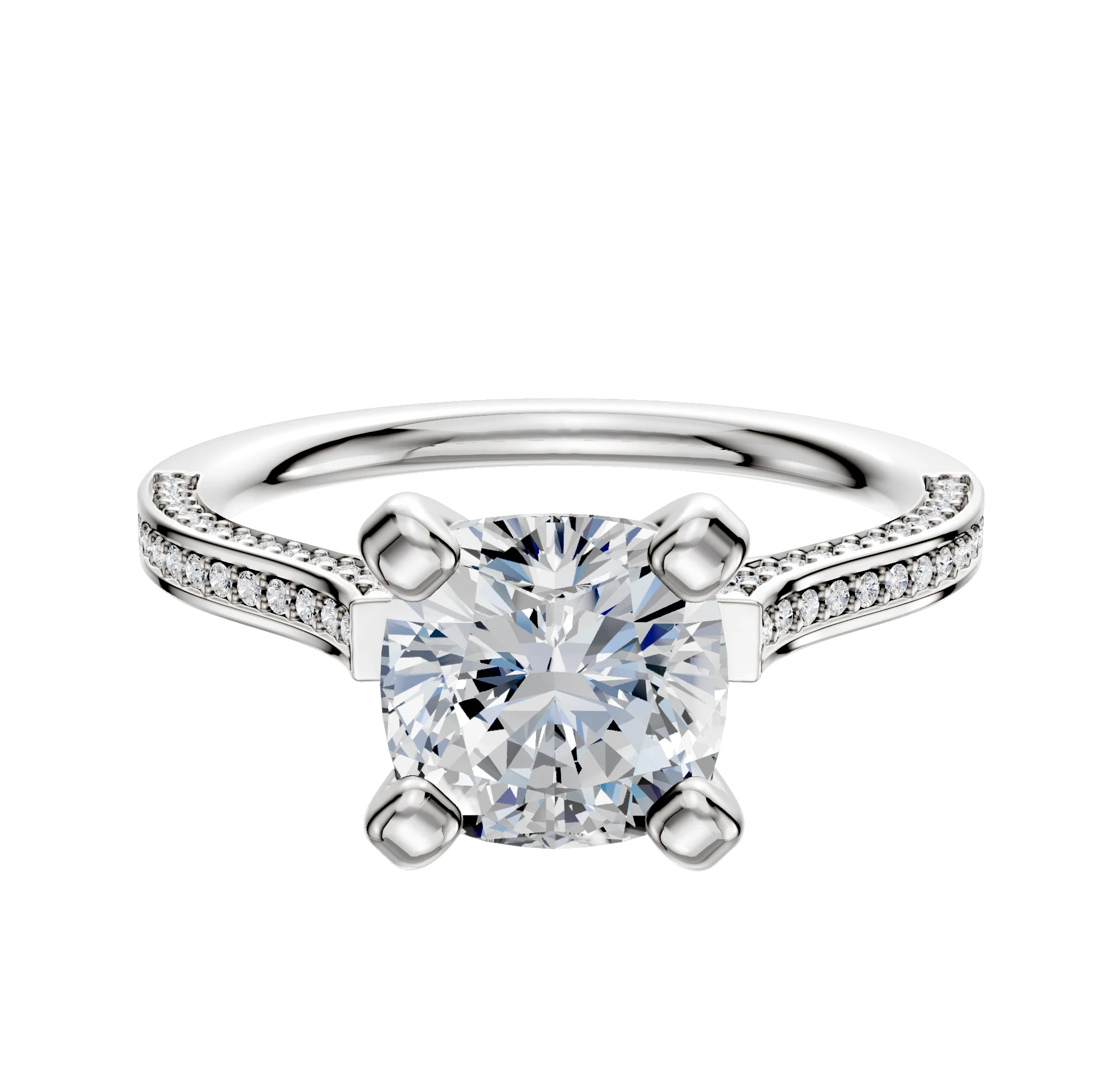18K White Gold 4 Prong Cathedral Flat 3-Row-Pave 2.0mm Engagement Ring