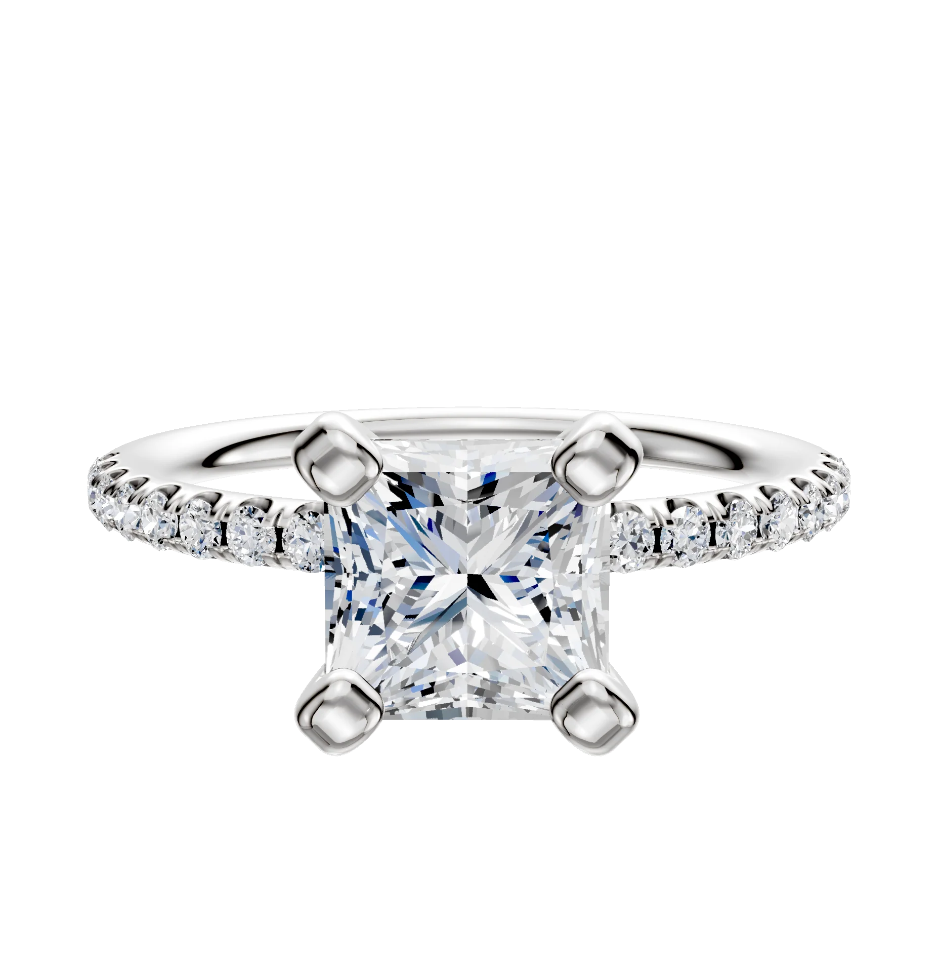 18K White Gold 4 Prong Classic Dome 1-Row-Pave 2.5mm Engagement Ring