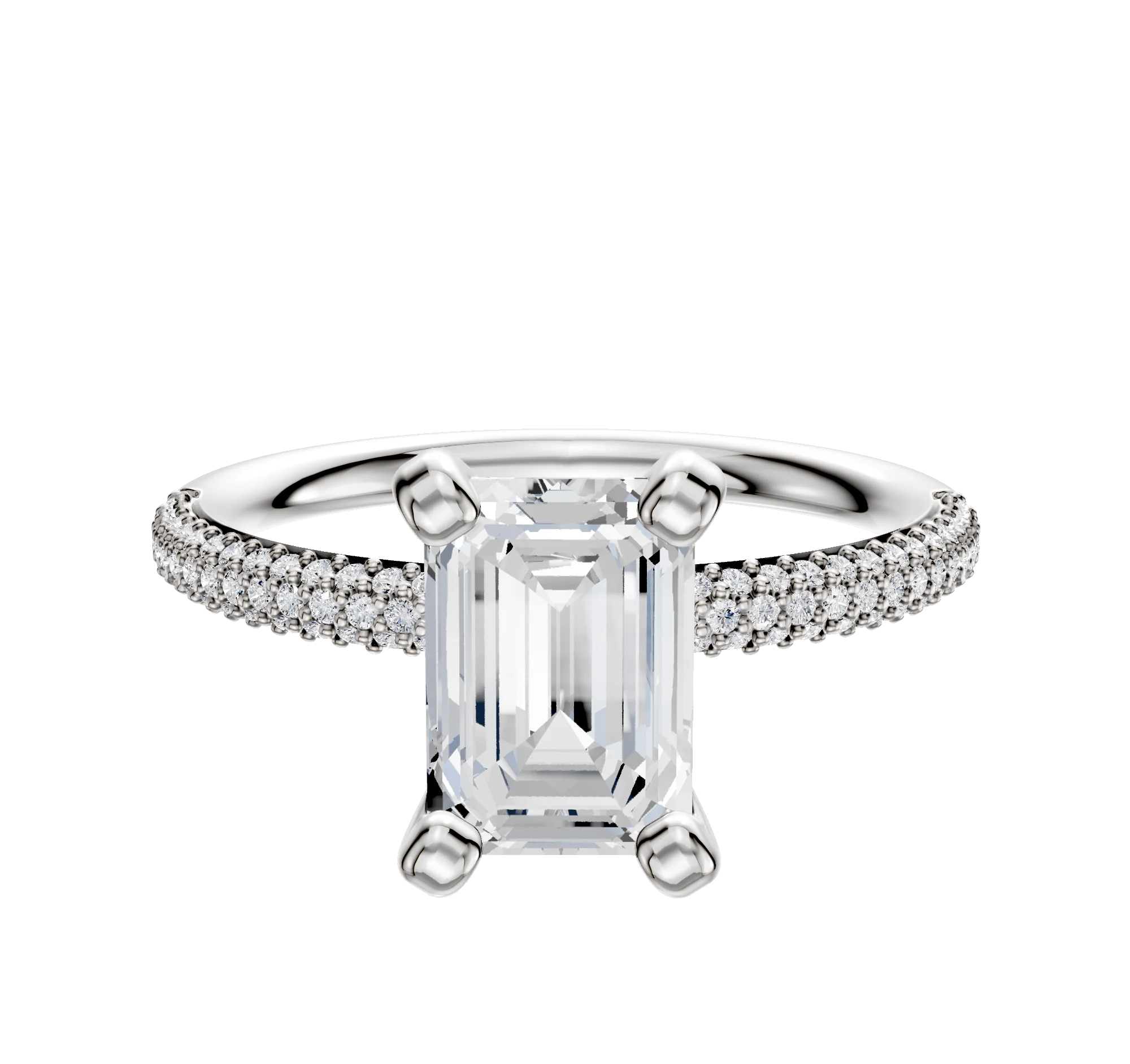 18K White Gold 4 Prong Classic Dome 3-Row-Pave 2.0mm Engagement Ring